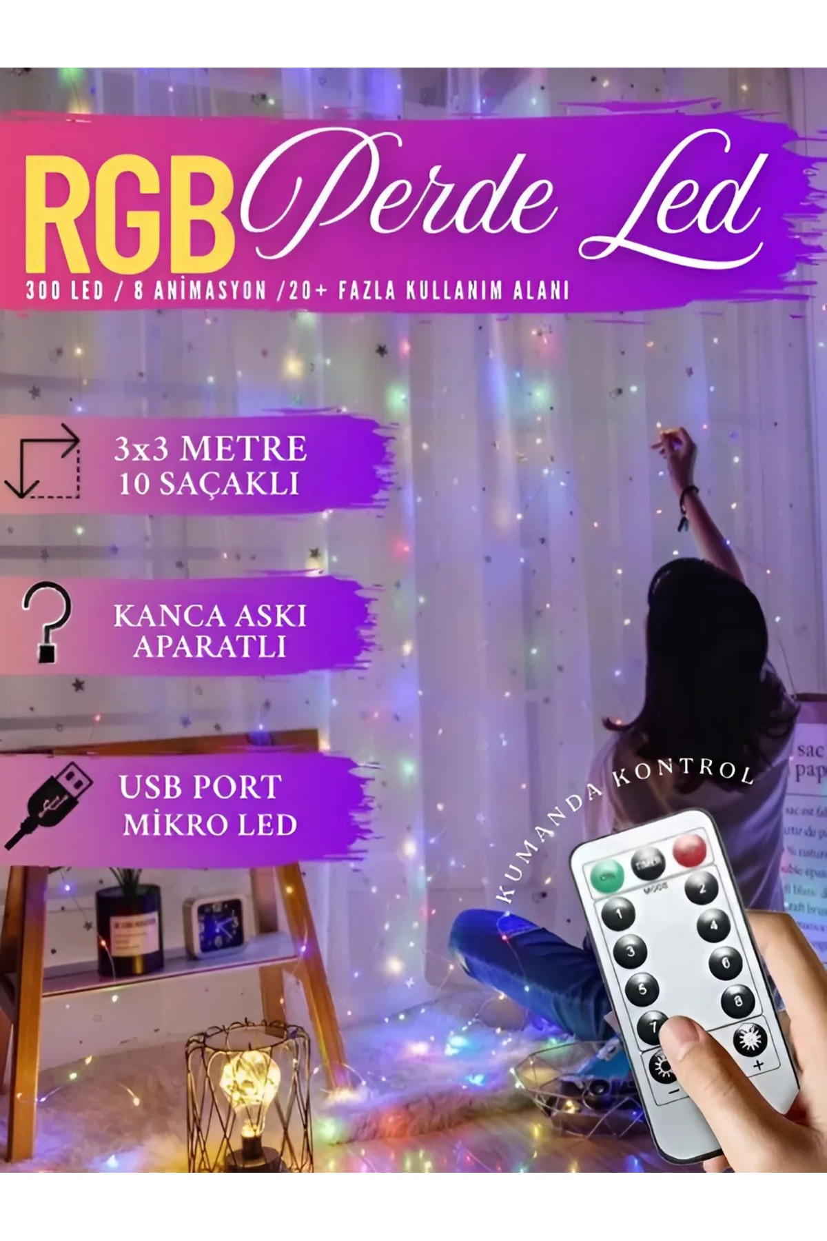 nextbuy RGB 300 Ledli 10 Sarkıt Perde Led Işık 8 Fonksiyon Uzaktan