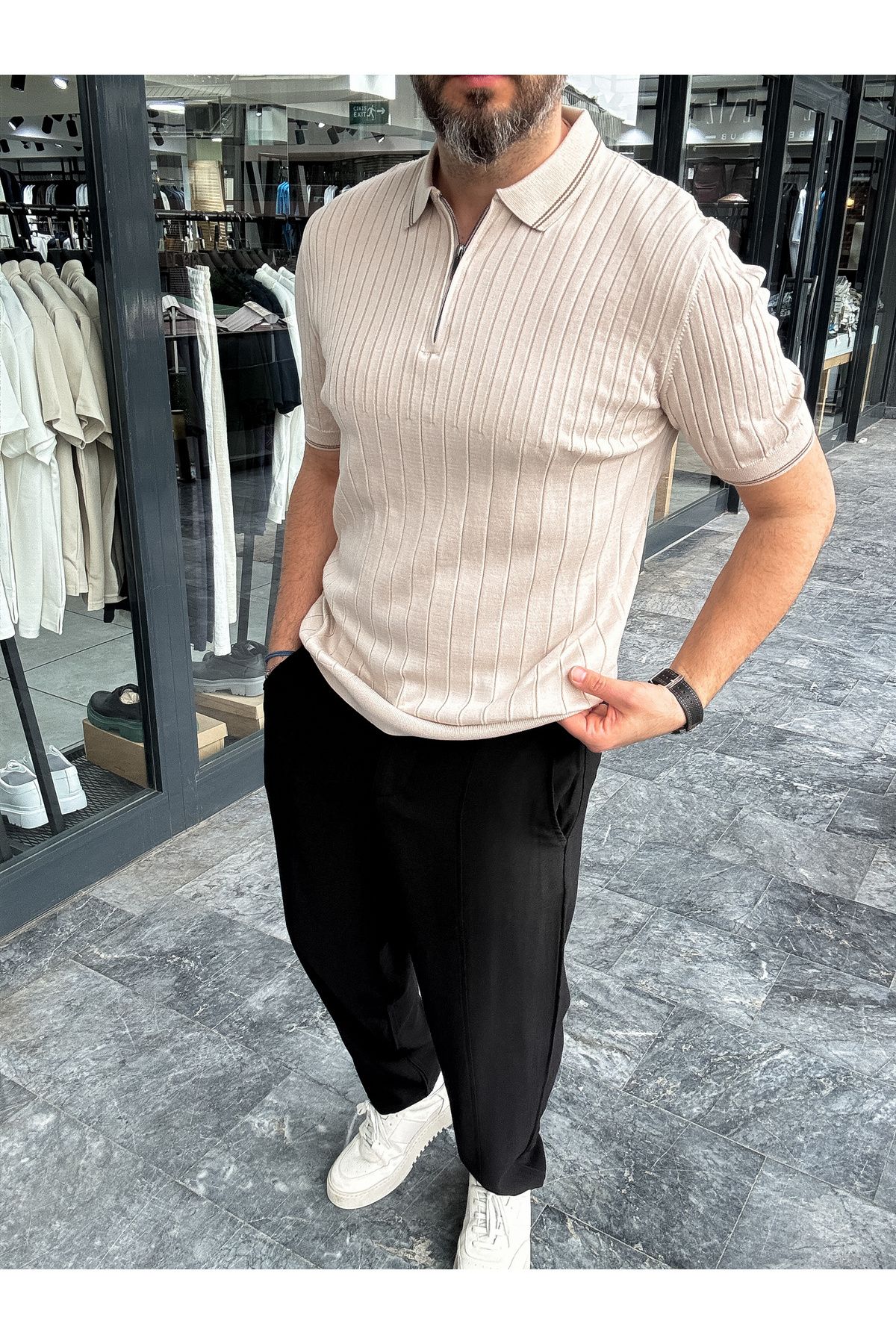 BYBASICMAN-Beige Half Zipper Ribbed Polo Neck T-Shirt Yp-5004/ 4