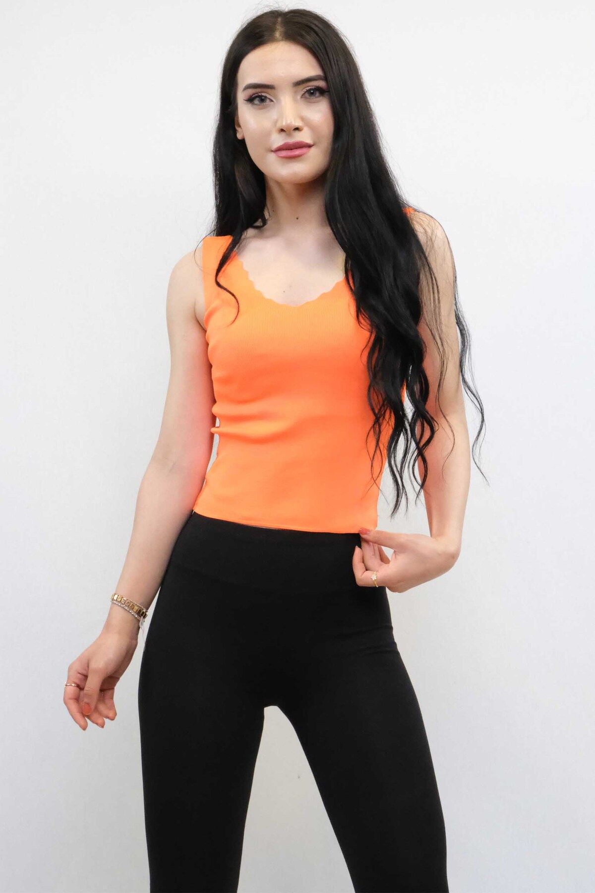 COXO Fashion`S Moda Çizgi Zigzag Collar Knitwear Blouse Orange