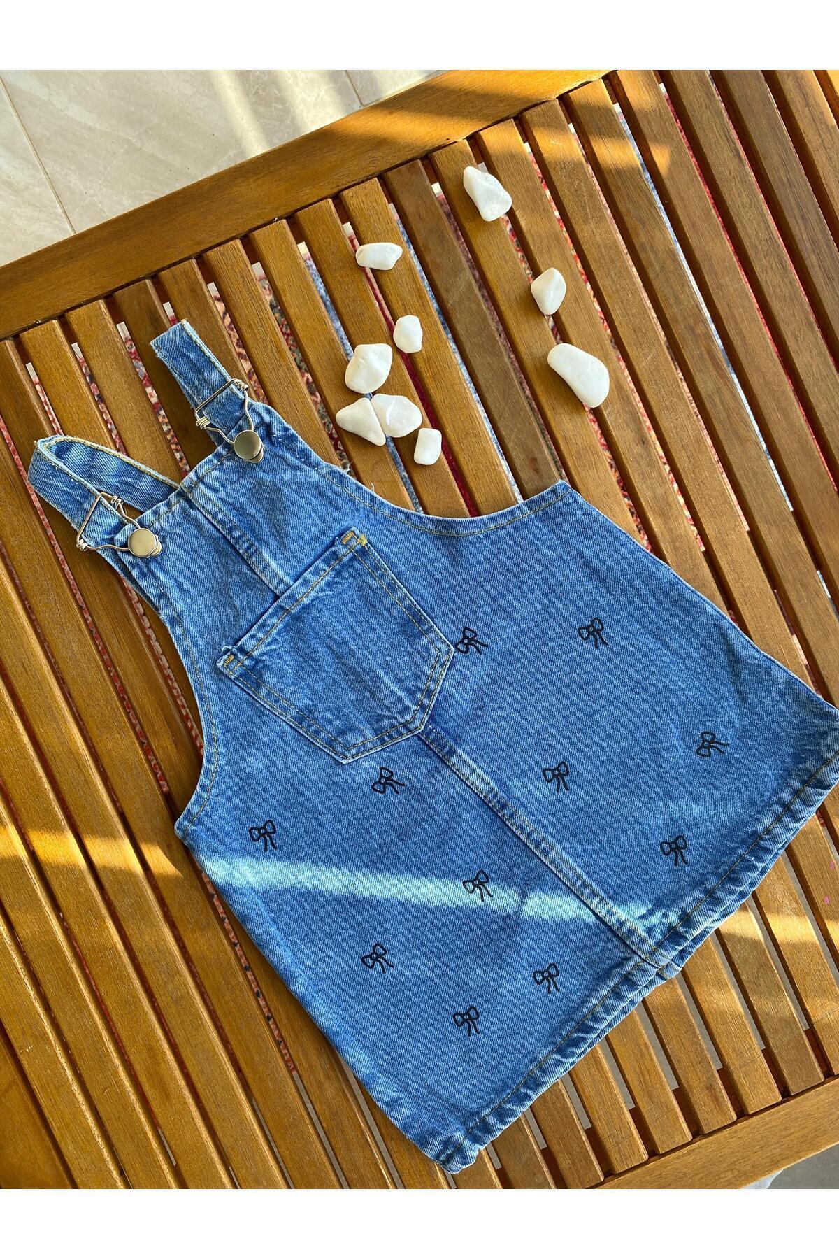 shop Kız Çocuk Kot Kumaş %100 Pamuk Kurdele Baskılı Ayarlanabilen Askı Cepli Salopet Jile Denim Elbise fotoğrafı 4 (önizleme)