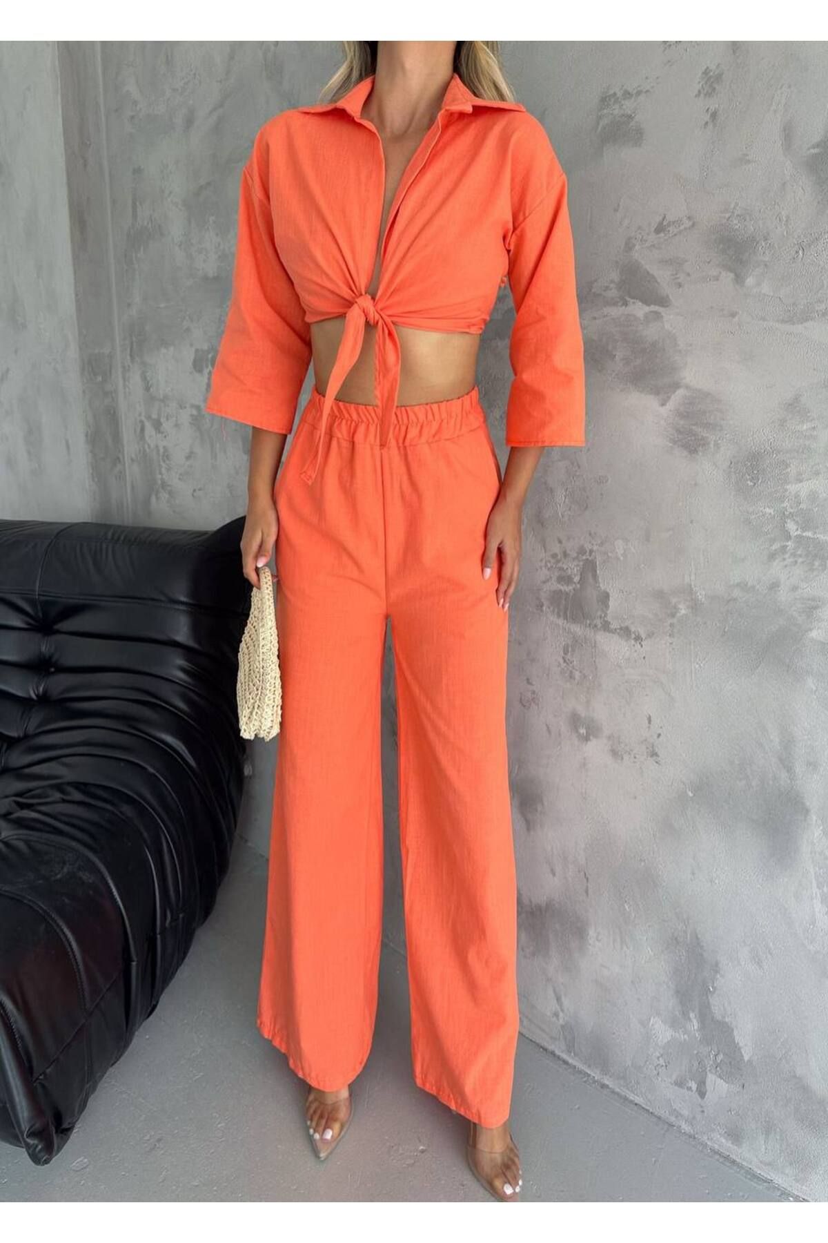 Enie-Women's Orange Linen Crop Shirt Pants Beach Set 3