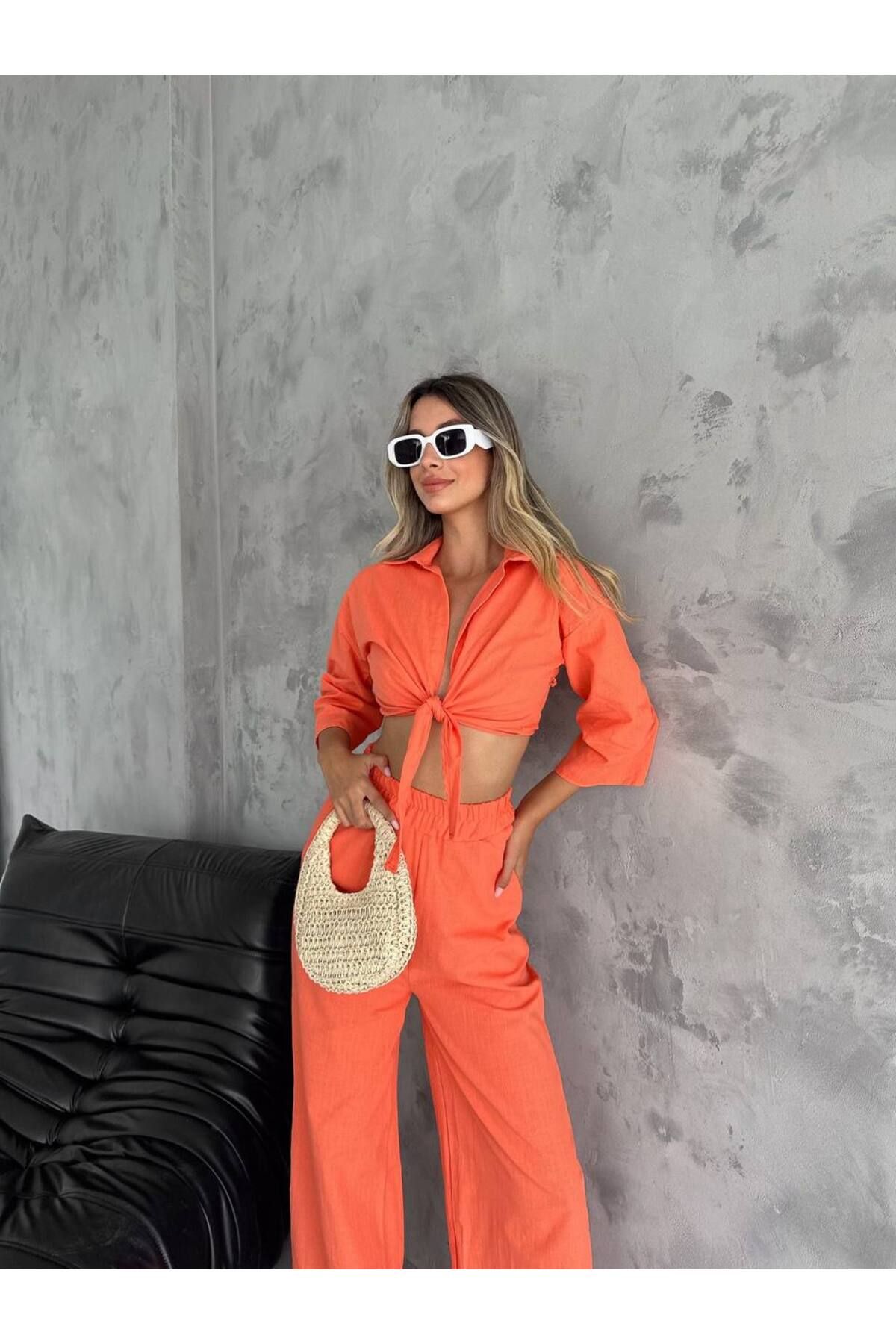 Enie-Women's Orange Linen Crop Shirt Pants Beach Set 2