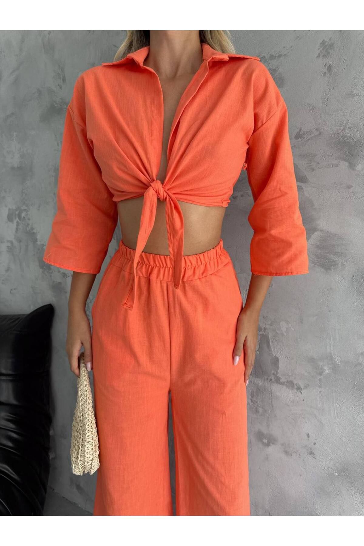 Enie-Women's Orange Linen Crop Shirt Pants Beach Set 1