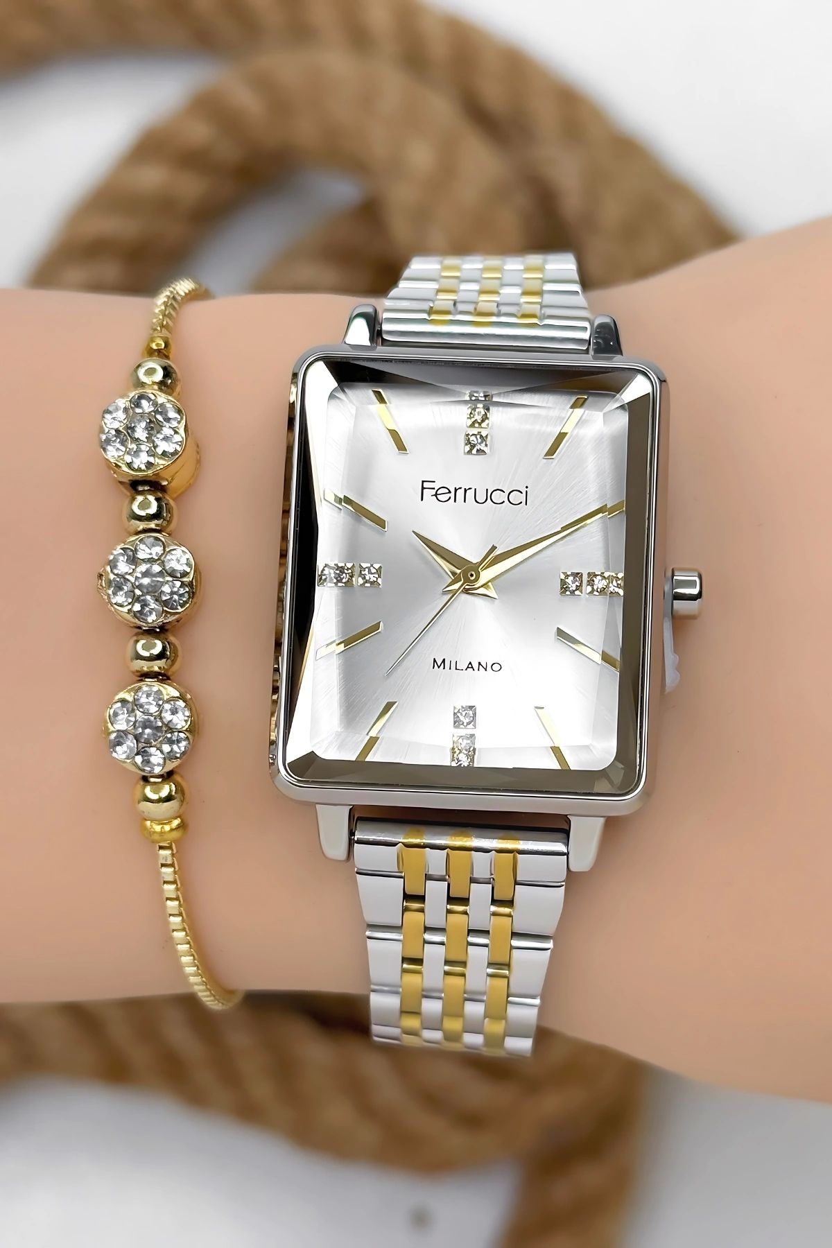 Ferrucci-Women's Wristwatch - Special Design on Steel Band 3Atm Water Resistant Silver-Gold 2