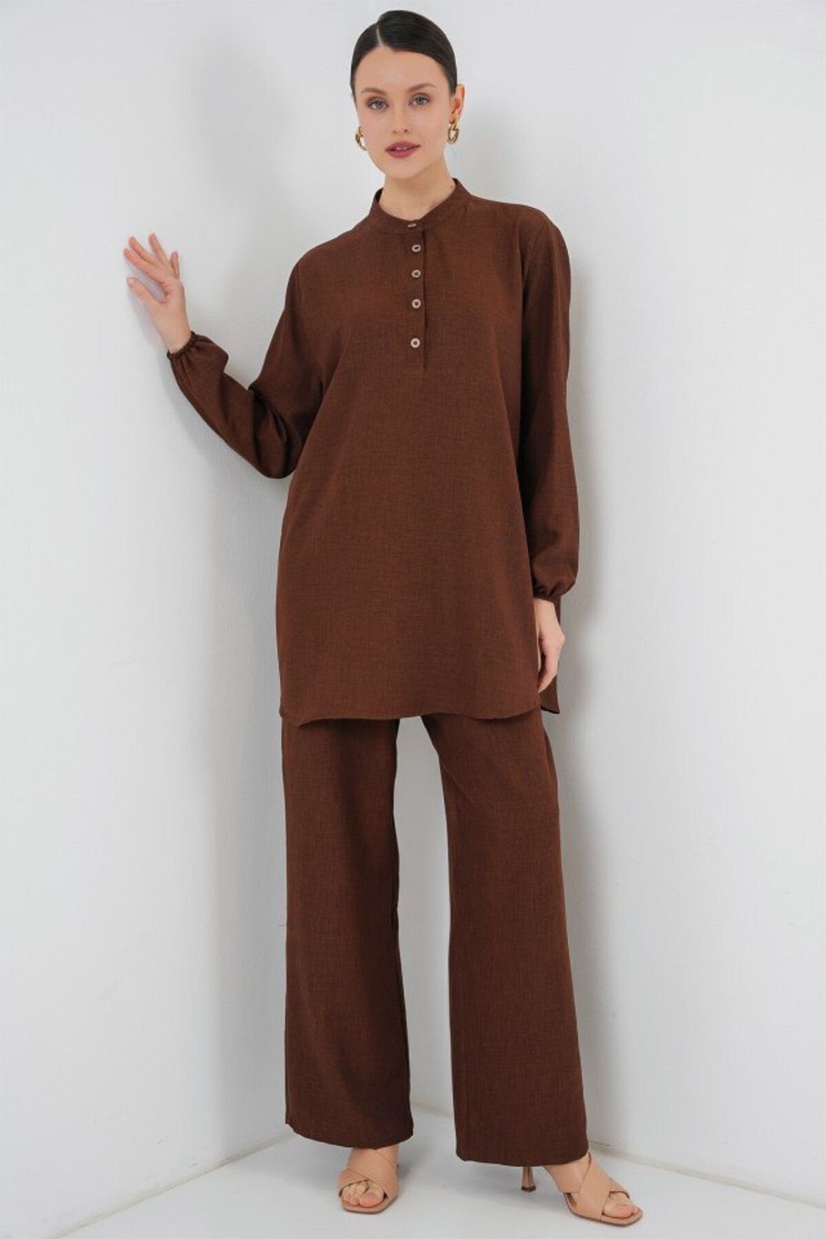 TİANA 6678 Keten Tunik Pantolon İkili Takım - Kahverengi