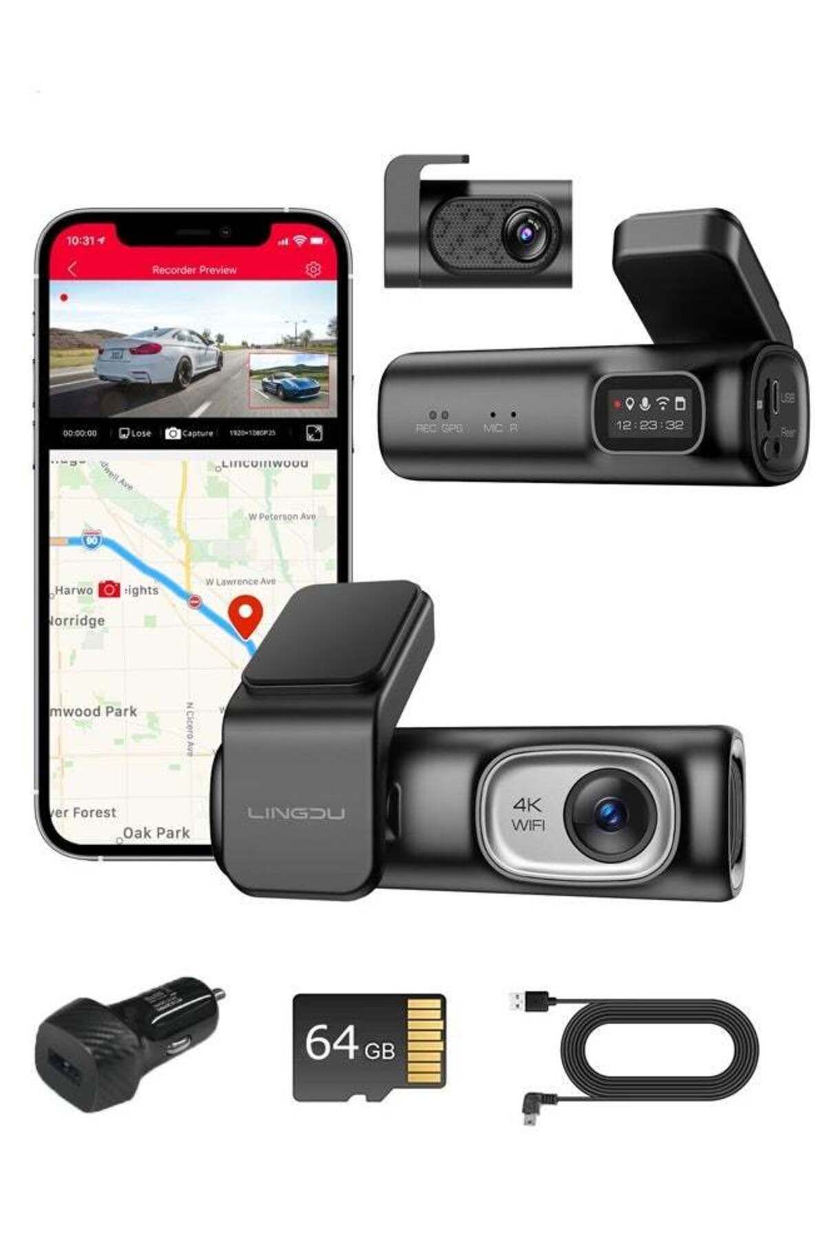 Generic-LINGDU D600 4K Car Dash Cam Front and Rear 170 Degree Wide View Angle Built-in 5GHz WiFi 1
