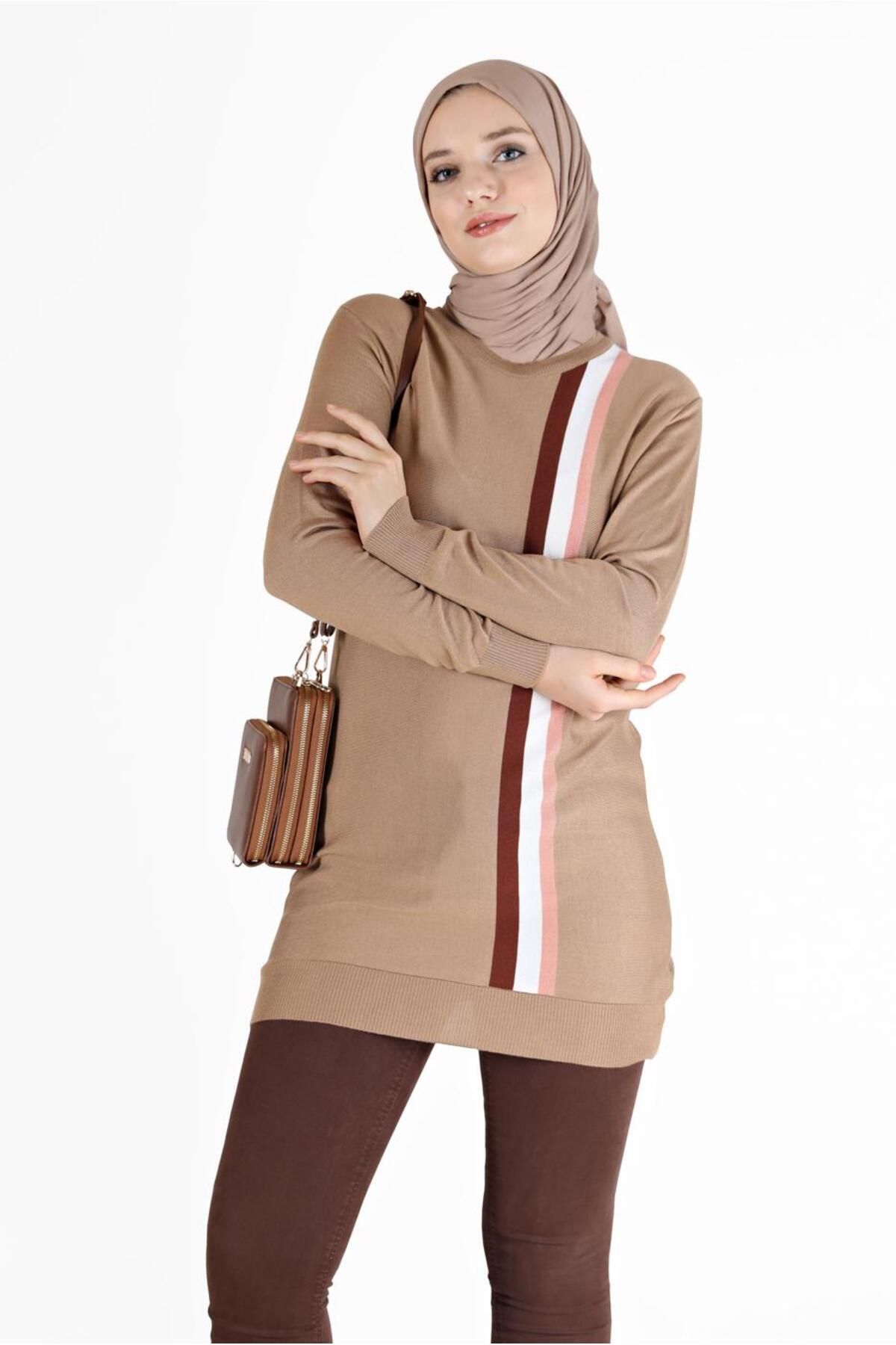 تونیک بافتنی با جزئیات نوار رنگی 42107 Alvina