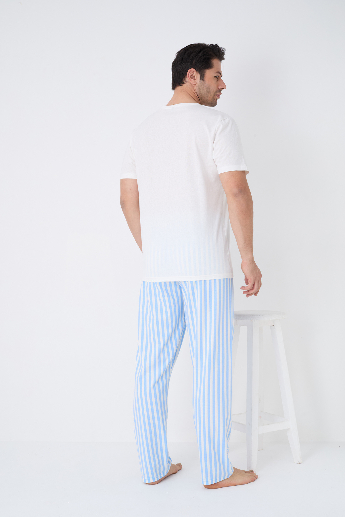 Siyah İnci-Ecru Blue White Stripe Pattern Printed Short Sleeve Knitted Men's Pajama Suit7833 3
