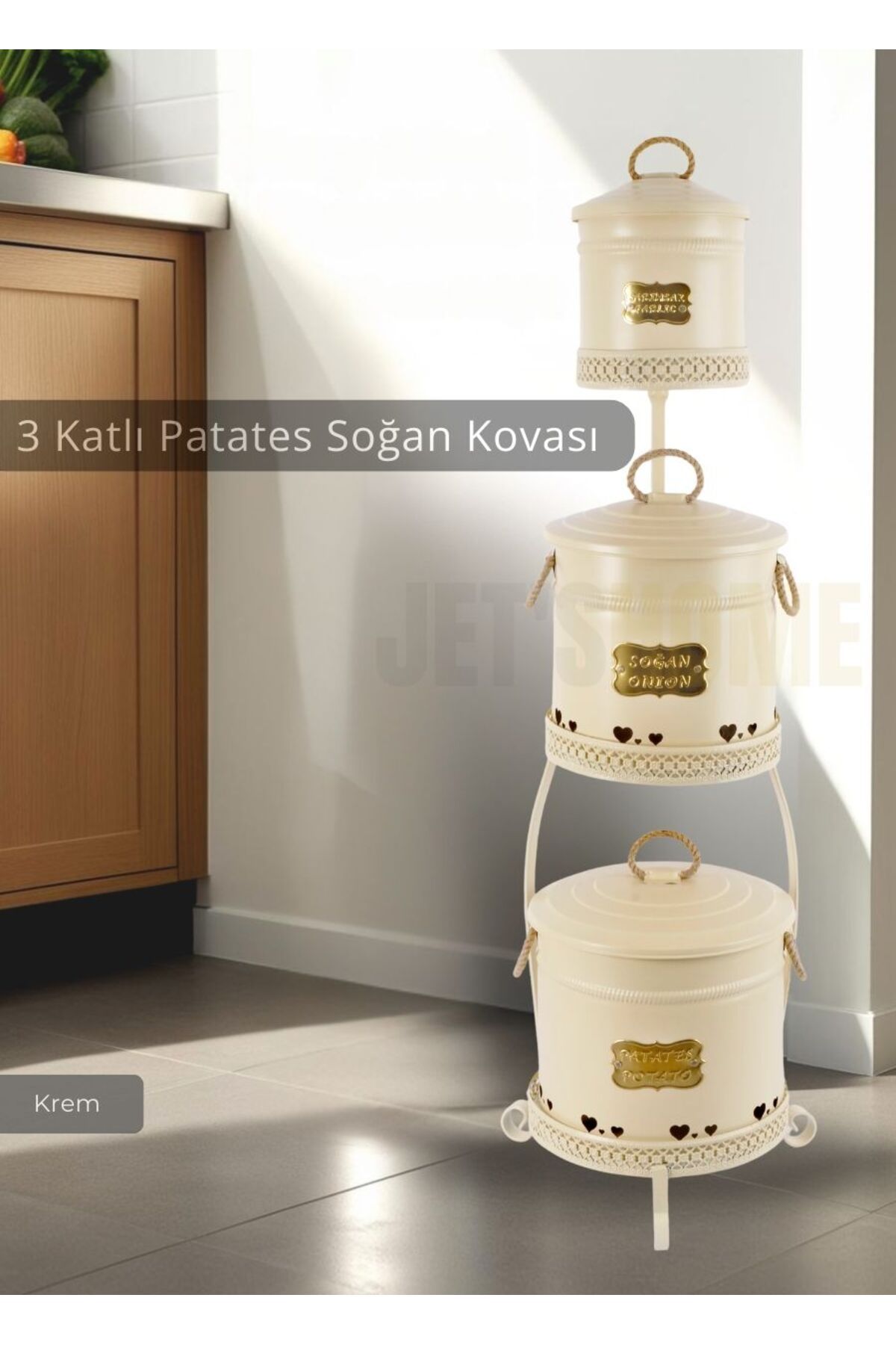 Jet's Home Patates Soğan Sarımsak Kovası 3 Katlı Sebzelik Paslanmaz Organizer Patates Soğan Sepeti Krem
