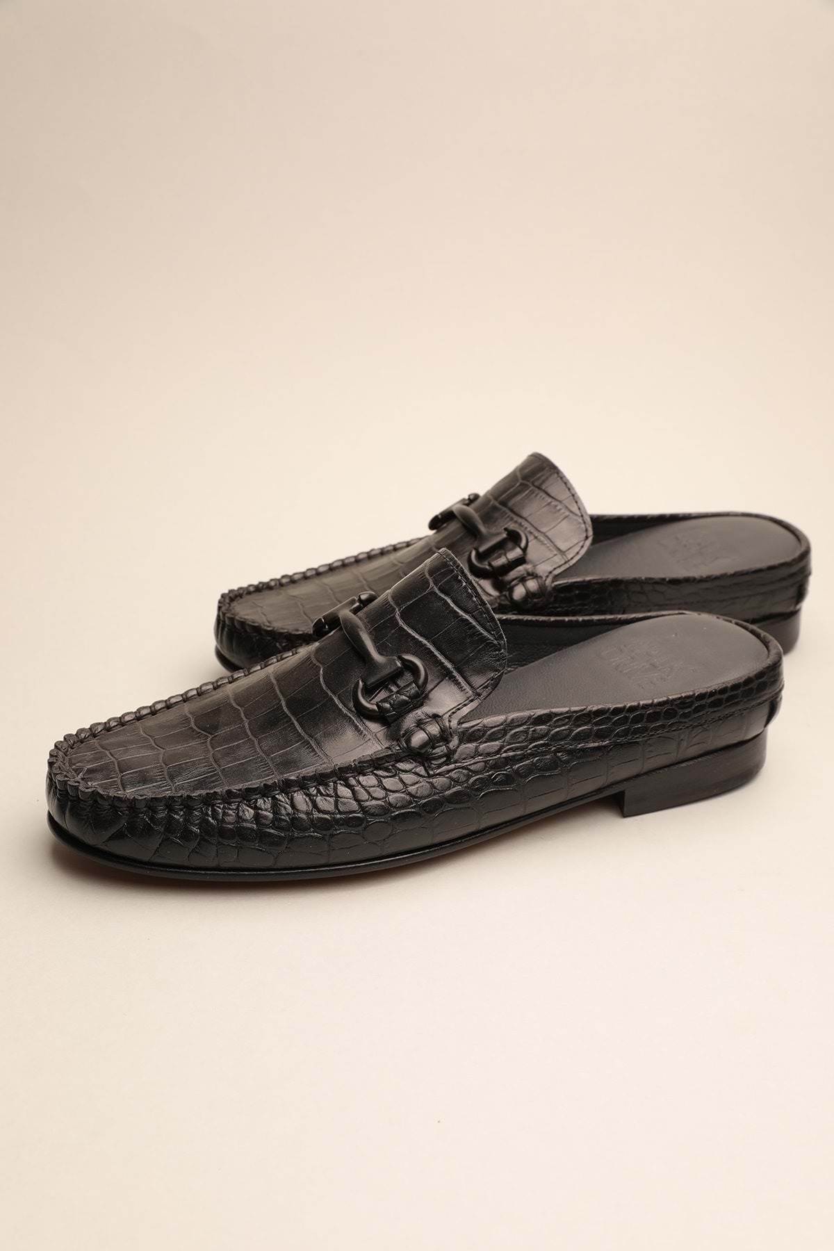 Gondol-Men's Genuine Leather Classic Slippers Black Croco 42 Ttx.309 1