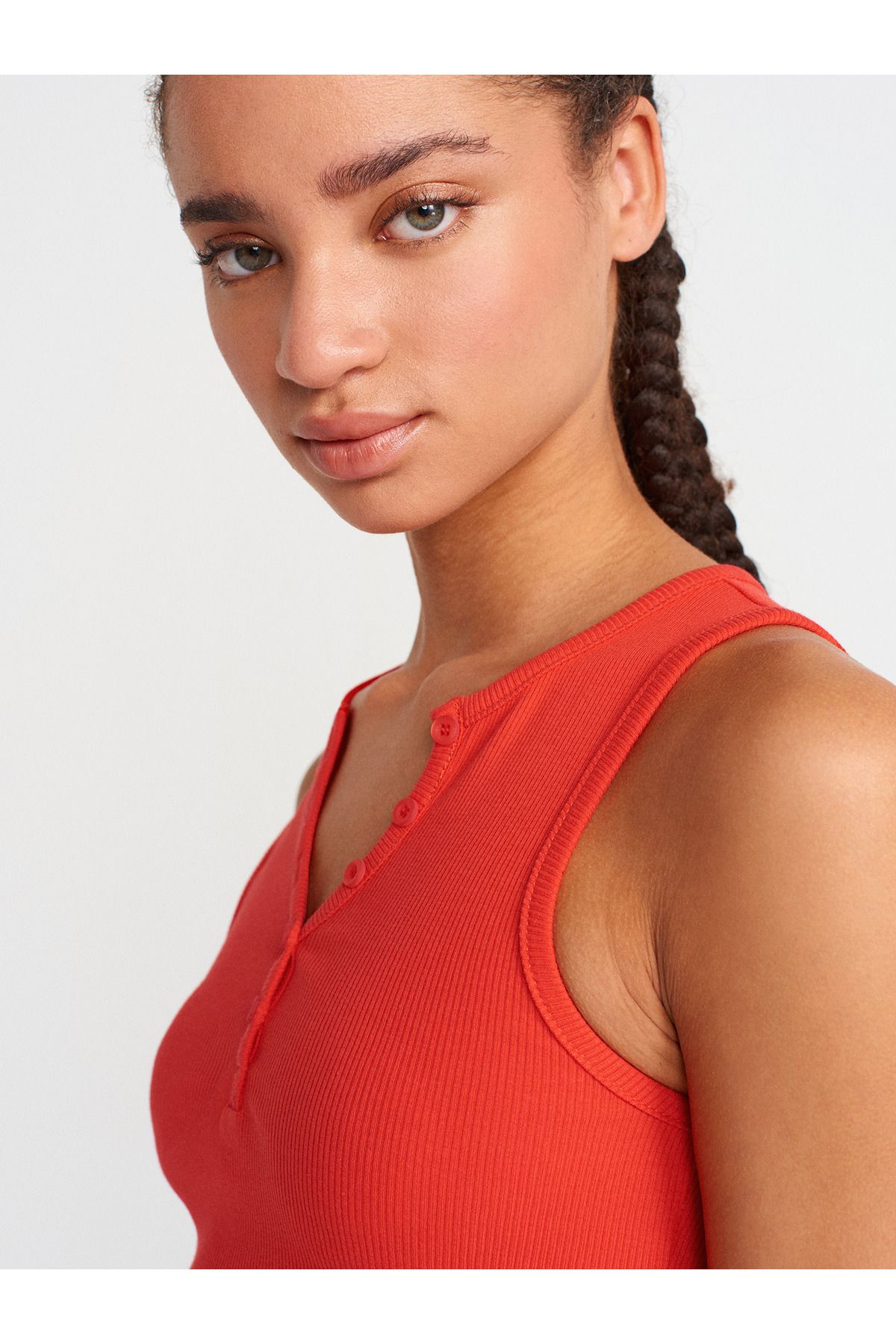 Dilvin-20844 Buttoned Front Top-Red 3