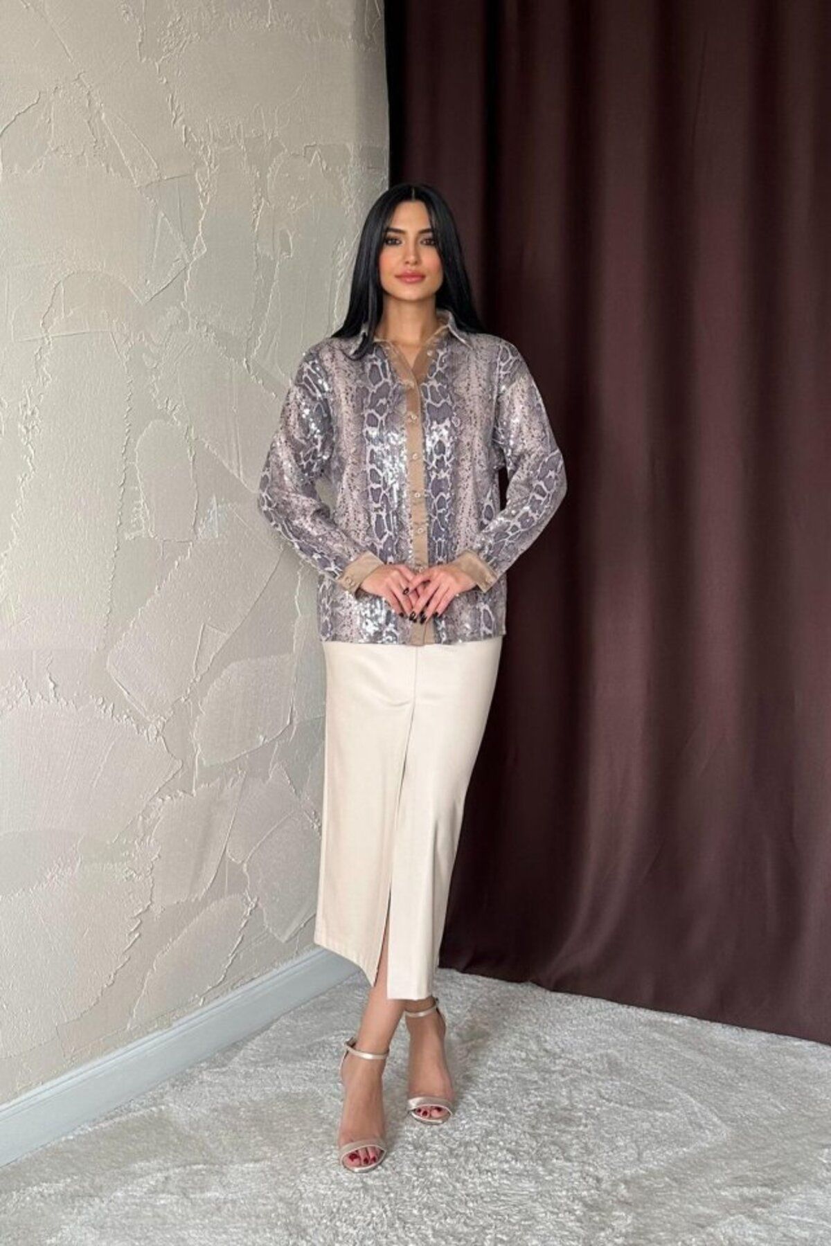 velmorafashion Vizon Işıltılı Garni Gömlek
