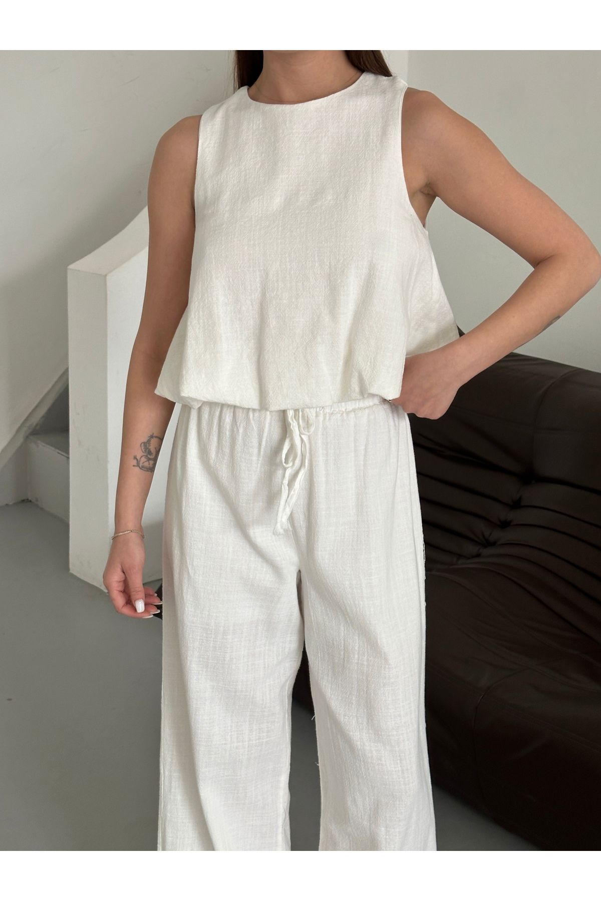 Laluvia-Ecru 100% Cotton Blouse Trousers Set - 251003 7