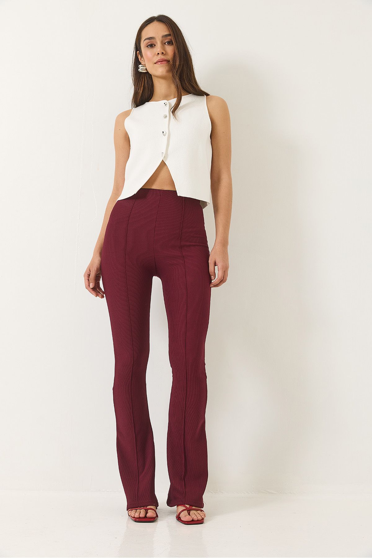 Bianco Lucci-Women's High Waist Flared Leg Ribbed Leggings Pants 2205 60282010 3