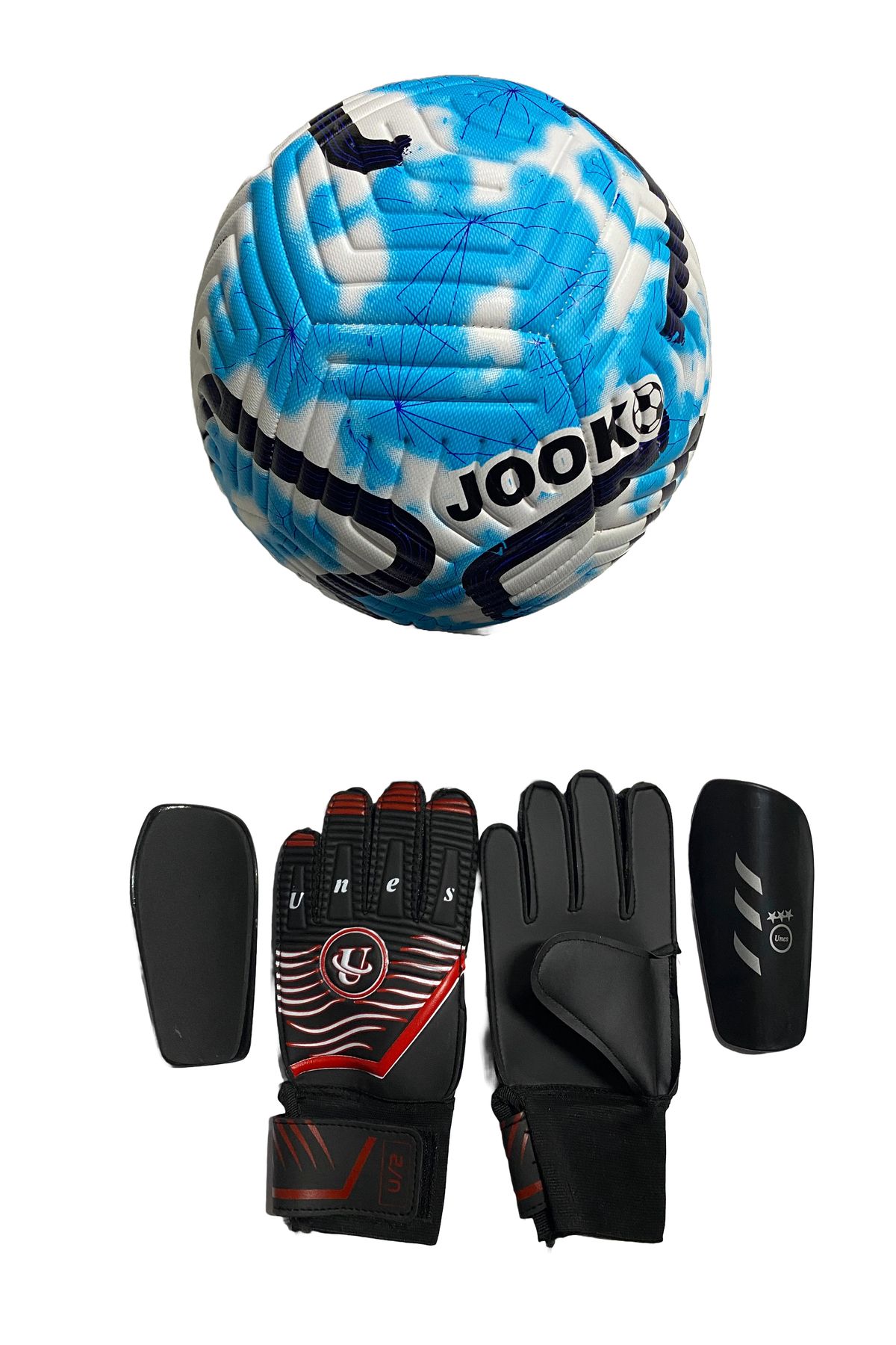 unes 5 NO MAVİ ÇİZGİLİ FUTBOL TOPU KALECİ ELDİVENİ VE TEKMELİK 3'LÜ SET (POMPA HEDİYELİ)