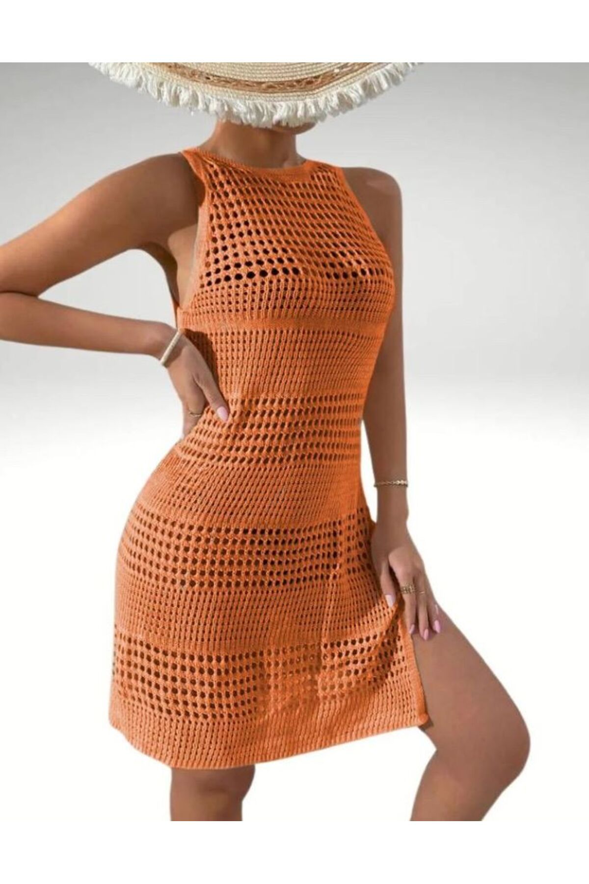 Frenk Rochie De Plajă Fără Mâneci De Top De Bikini Cu Model Ajurat Femeie - S