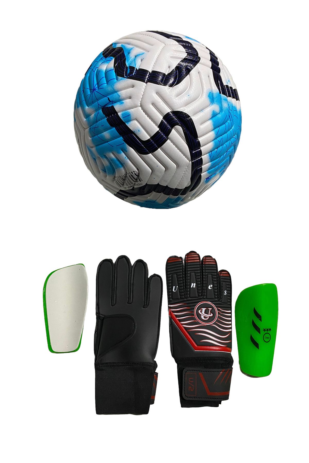 unes 5 NO MAVİ ÇİZGİLİ FUTBOL TOPU KALECİ ELDİVENİ VE TEKMELİK 3'LÜ SET (POMPA HEDİYELİ)