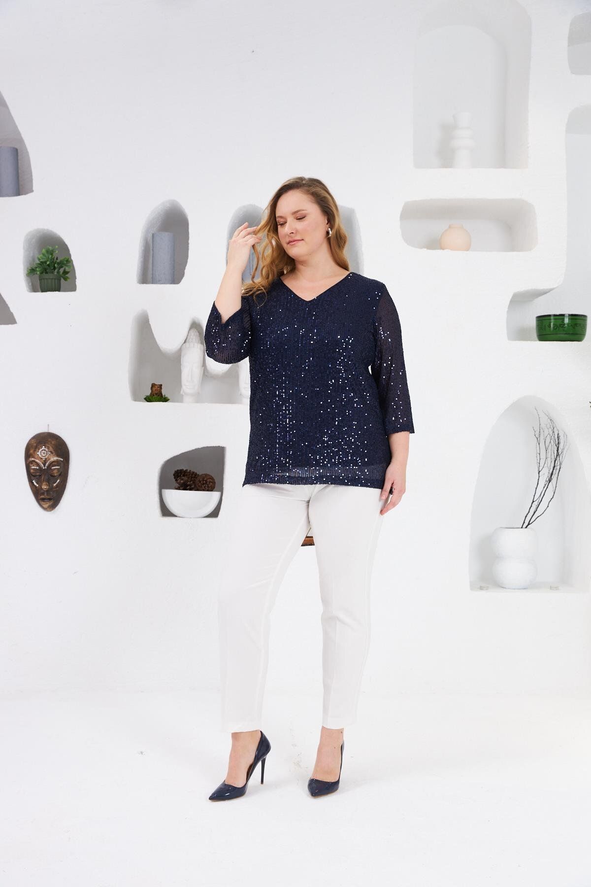 RMG-Plus Size Lined Sequin Sequin Blouse Navy Blue1 5