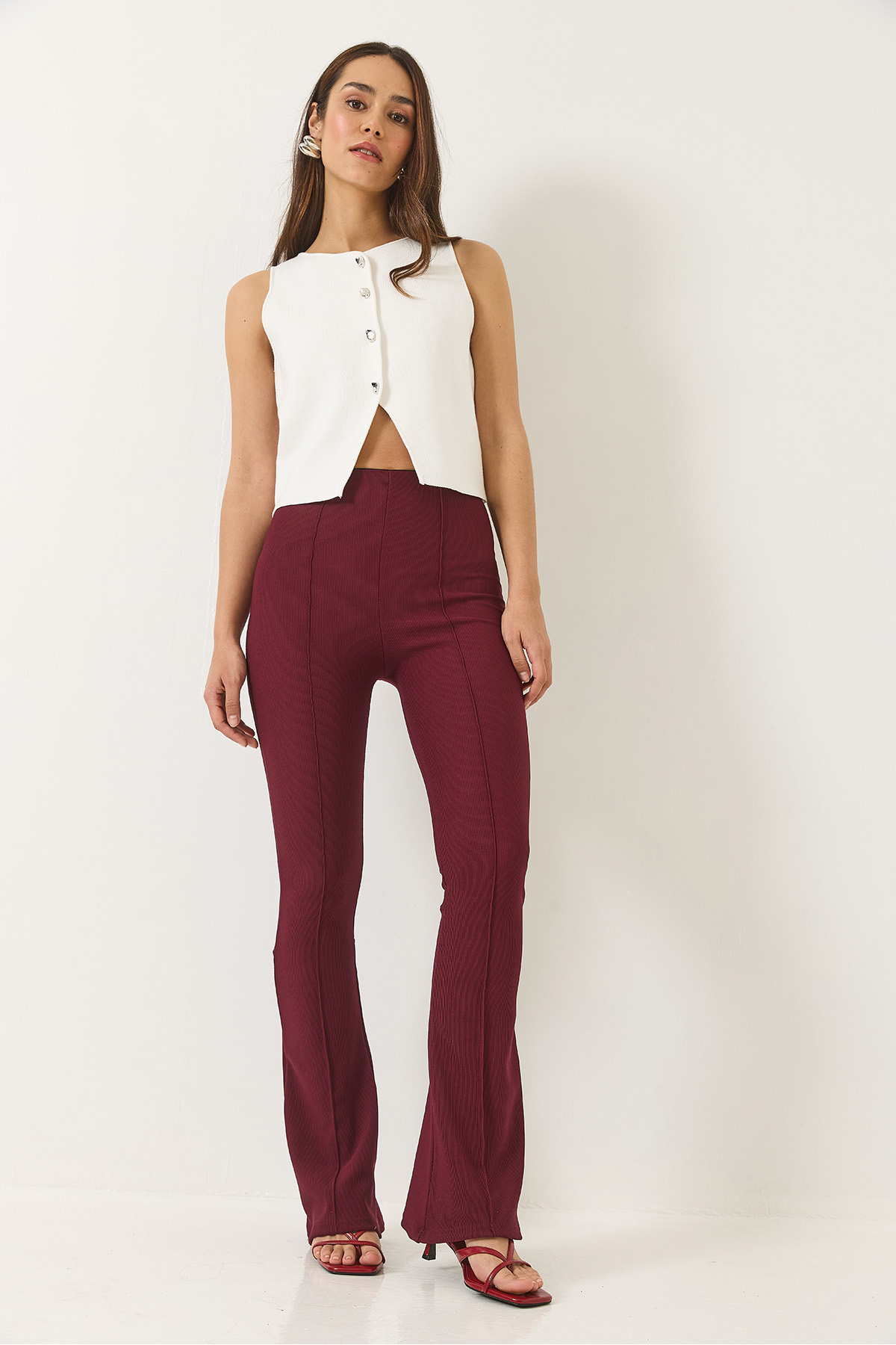 Bianco Lucci-Women's High Waist Flared Leg Ribbed Leggings Pants 2205 60282010 4