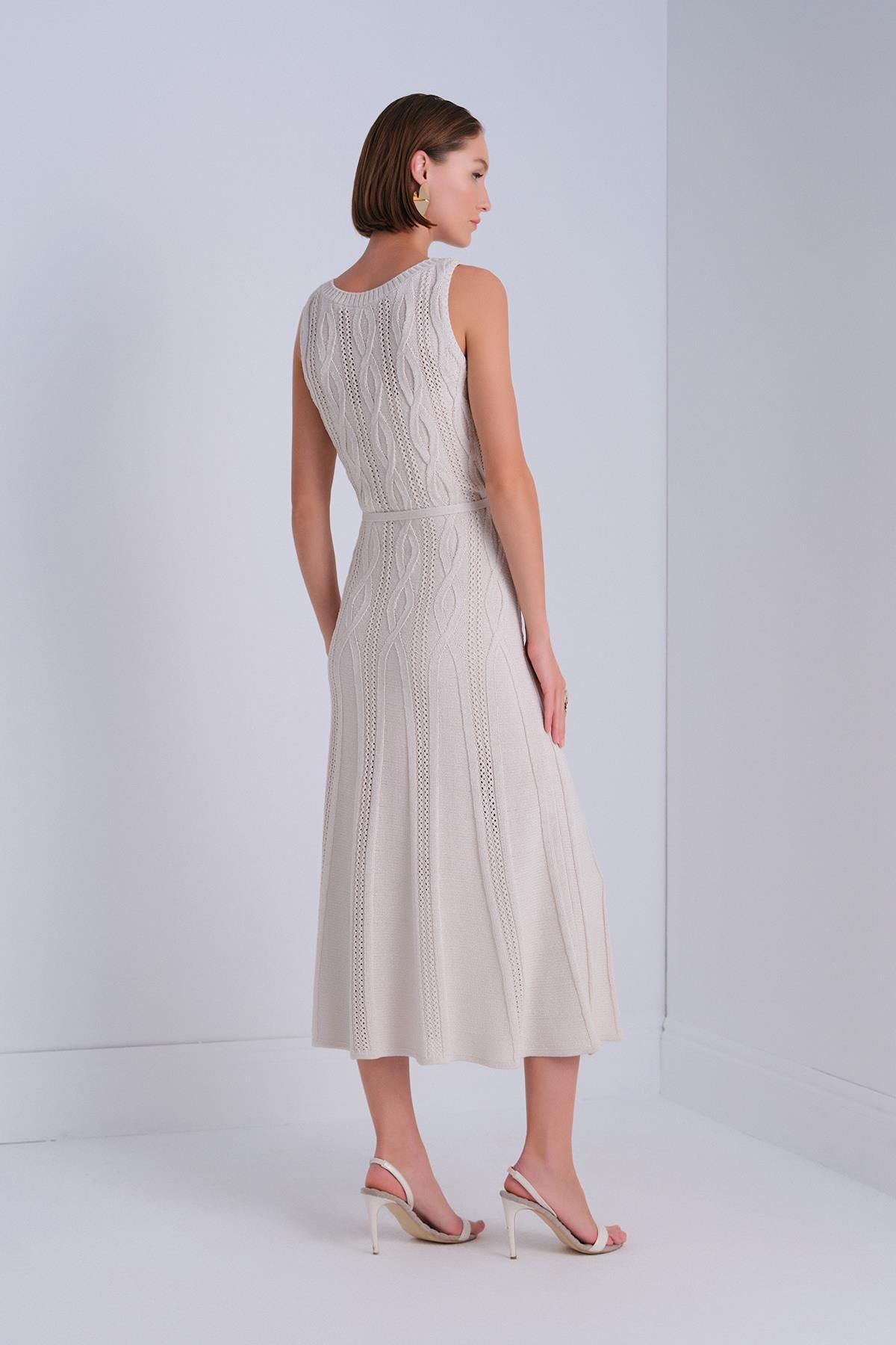 JOIN US-Belted Beige Midi Dress with Hair Braid Detail 5