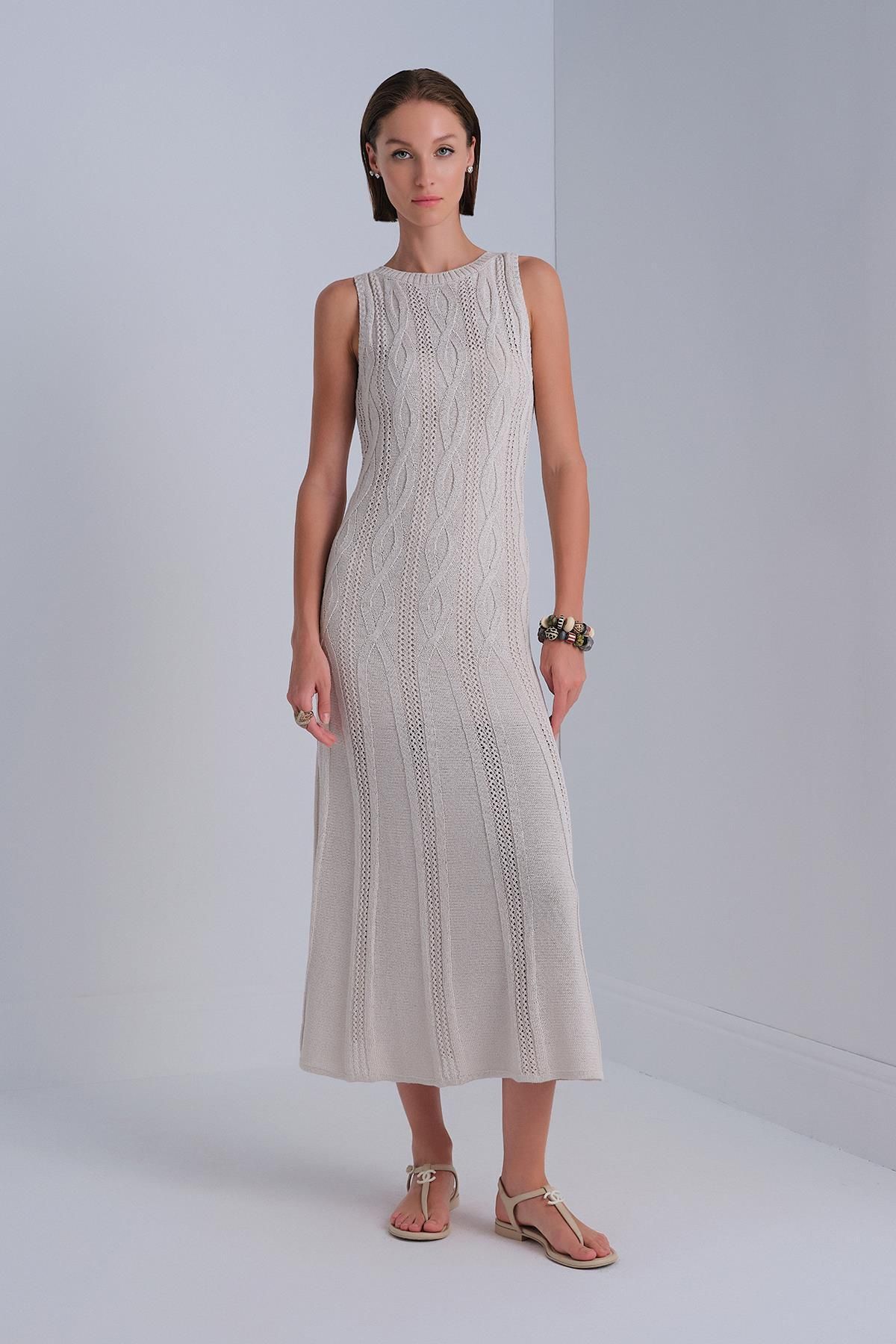 JOIN US-Belted Beige Midi Dress with Hair Braid Detail 3