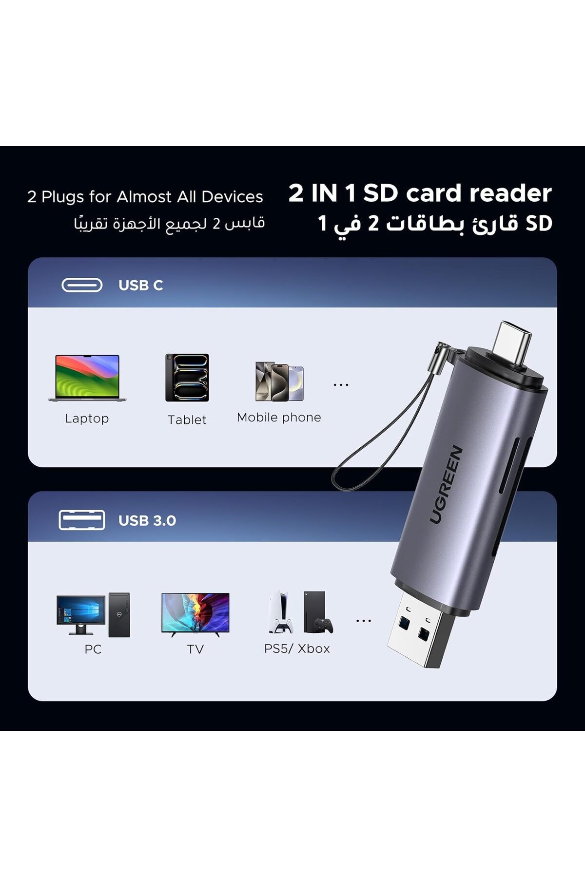 Ugreen-SD Card Reader USB 3.0/USB C OTG Dual Slot Memory Card Adapter 5