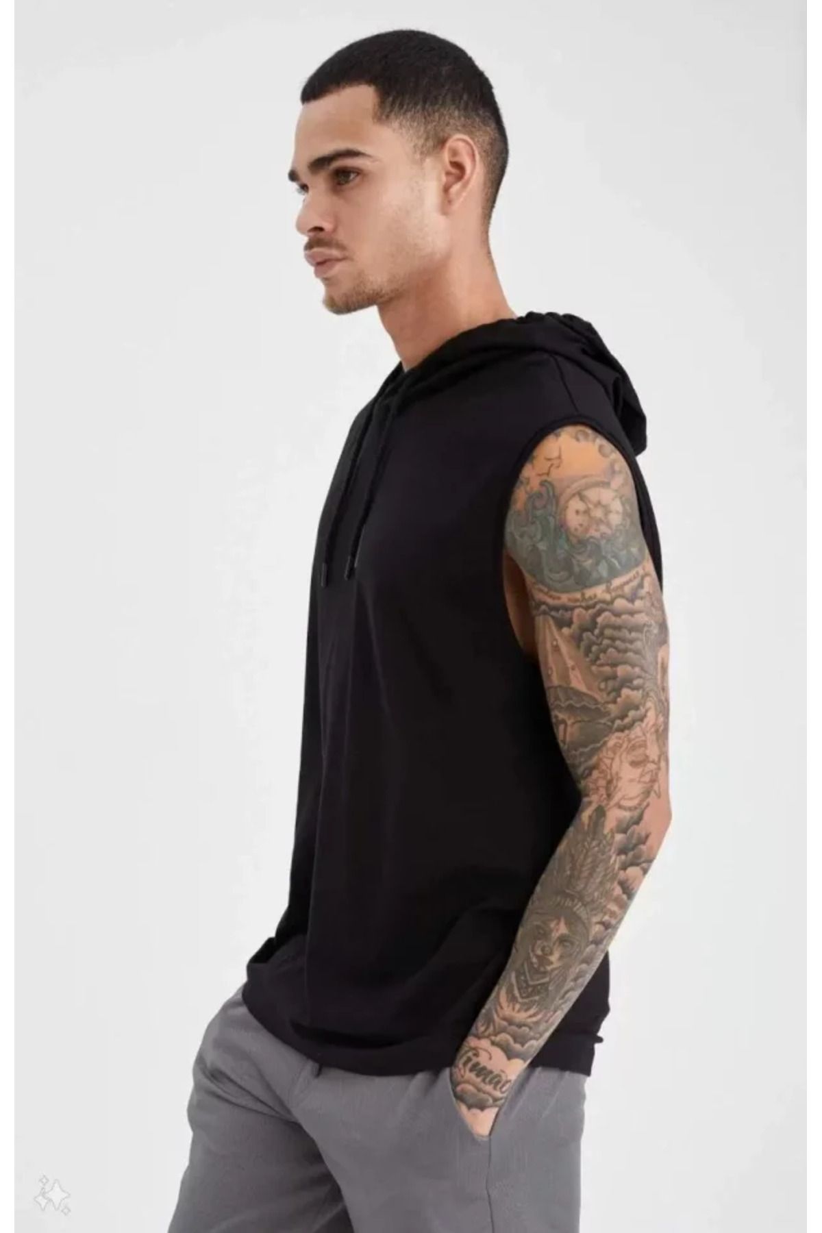 Albayrak Unisex Kapşonlu Kolsuz Düz Oversize T-shirt - Siyah