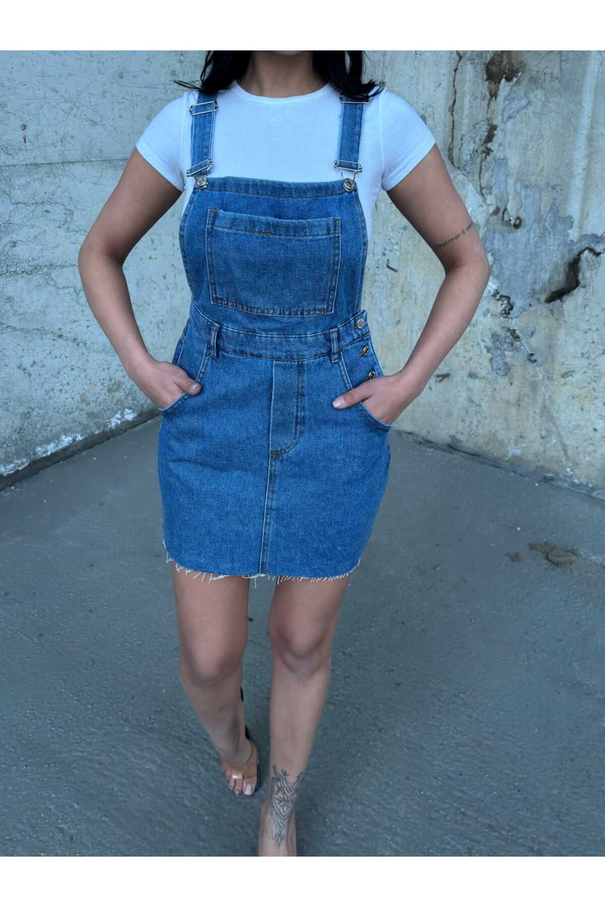 SHEVEGA-Women's Blue Tip Cut Kangaroo Pocket Skirt Gardener Jeans Jumpsuit 3