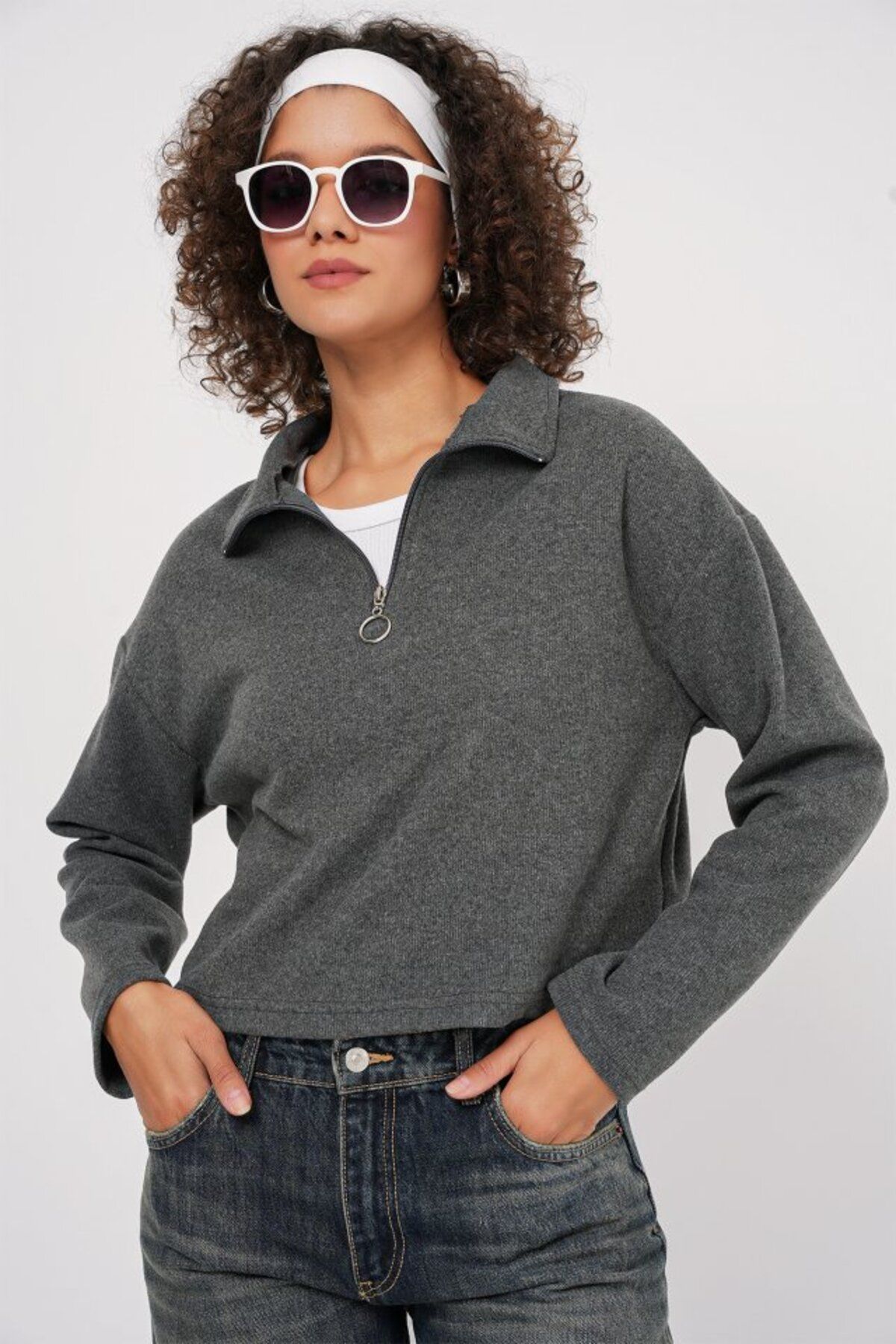 novafems 55449 Fermuarlı Yaka Örme Sweatshirt - Antrasit