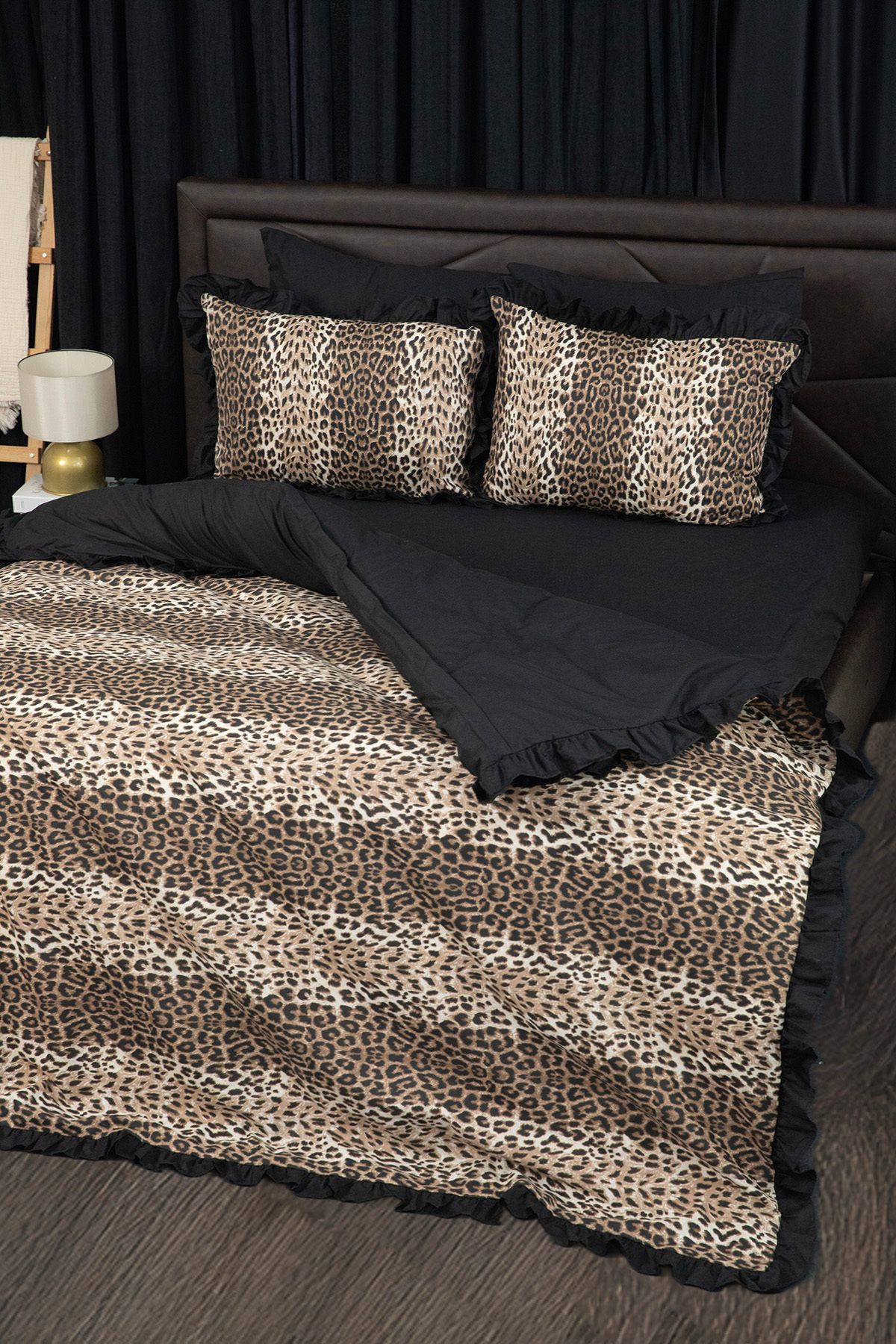 FAVORA-Frilly Leopard Patterned Double Duvet Cover Set with Elastic Sheets 2