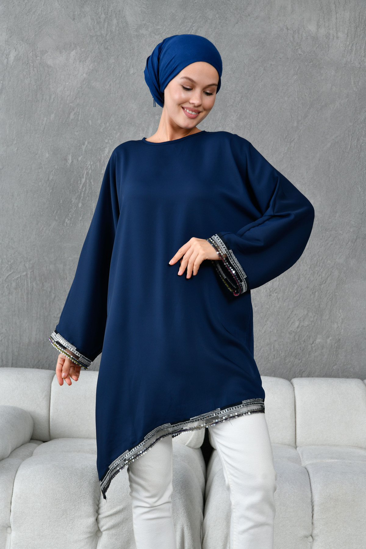 TUNCAY-Asymmetrical Tunic Blouse with Sequin Details 1