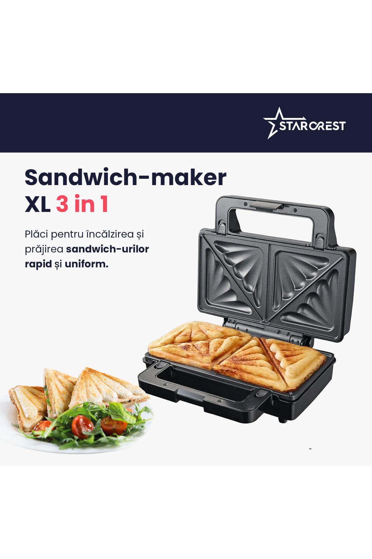STARCREST-Sandwich maker XL STARCREST SSM-3131BX, 1000W, 3 placi detasabile antiadezive: sandwich, vafe, grill 5
