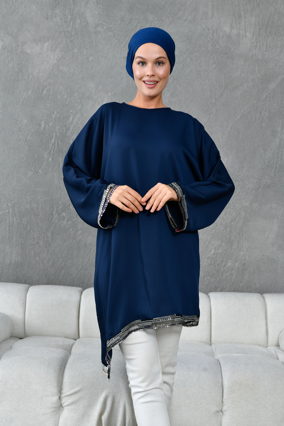 TUNCAY-Asymmetrical Tunic Blouse with Sequin Details 5