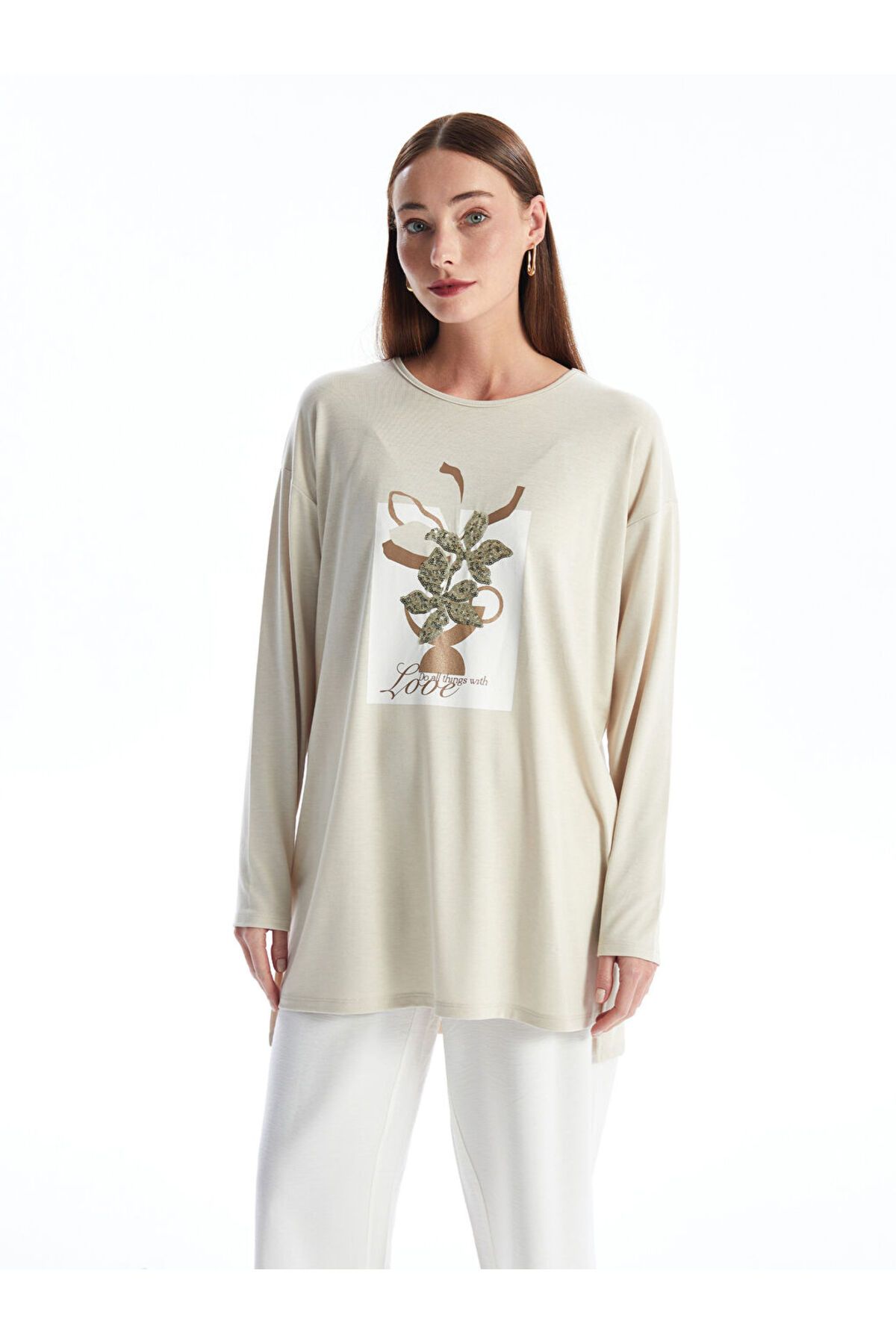 LC Waikiki Bisiklet Yaka Desenli Oversize Kadın Tunik