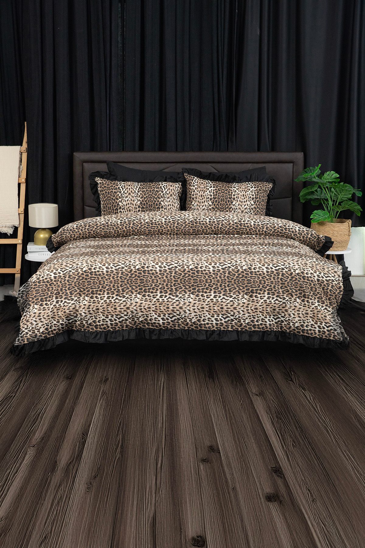 FAVORA-Frilly Leopard Patterned Double Duvet Cover Set with Elastic Sheets 5