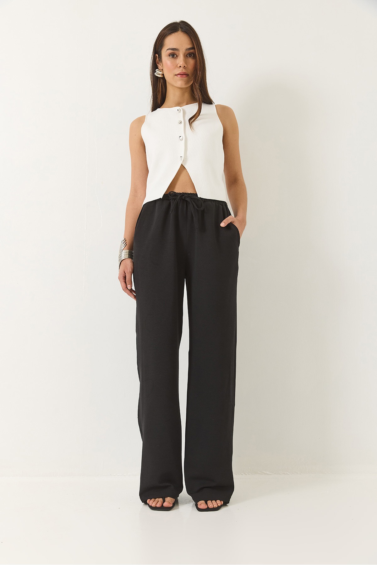 Bianco Lucci-Women's Elastic Waist Pocket Detailed Palazzo Linen Trousers 80182 60271083 6