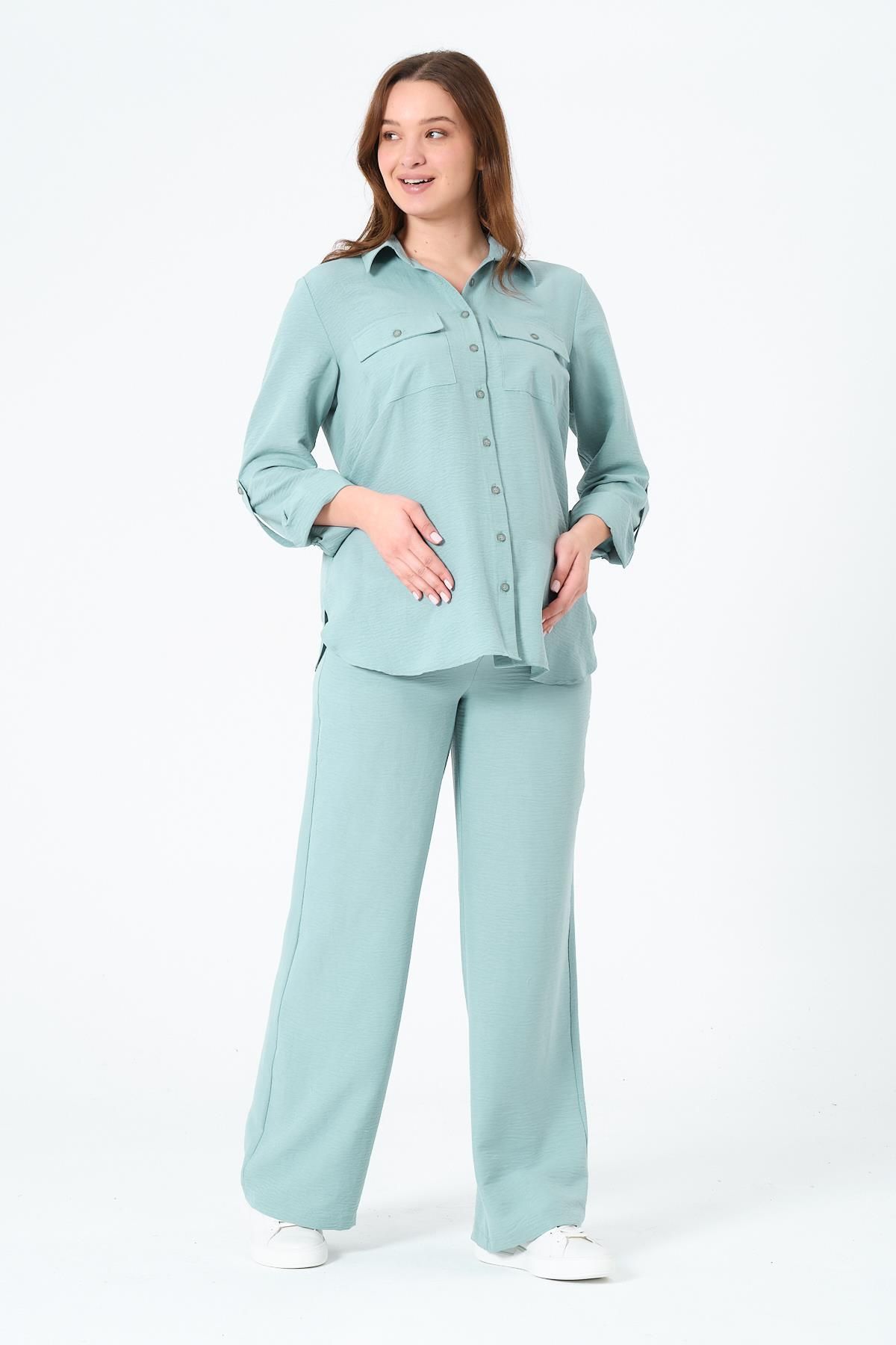 BUSA-Maternity Loose Wide Leg Adjustable Waist Shirt Set Minty Green 5