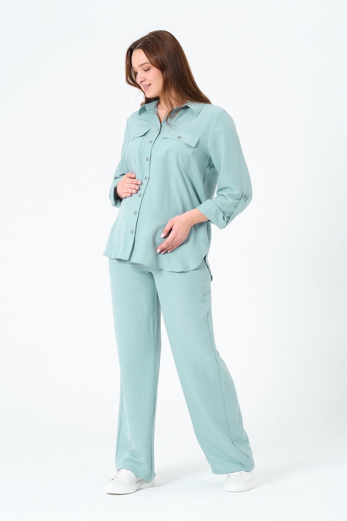 BUSA-Maternity Loose Wide Leg Adjustable Waist Shirt Set Minty Green 4