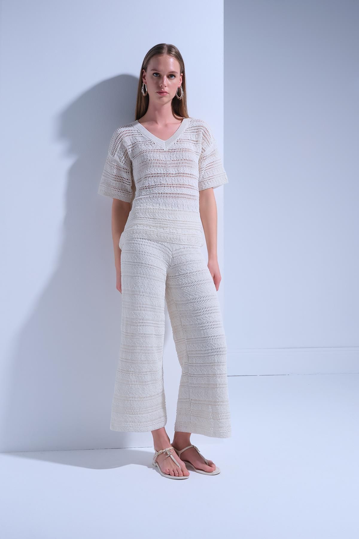 JOIN US-Openwork Lined Ecru Trousers 2