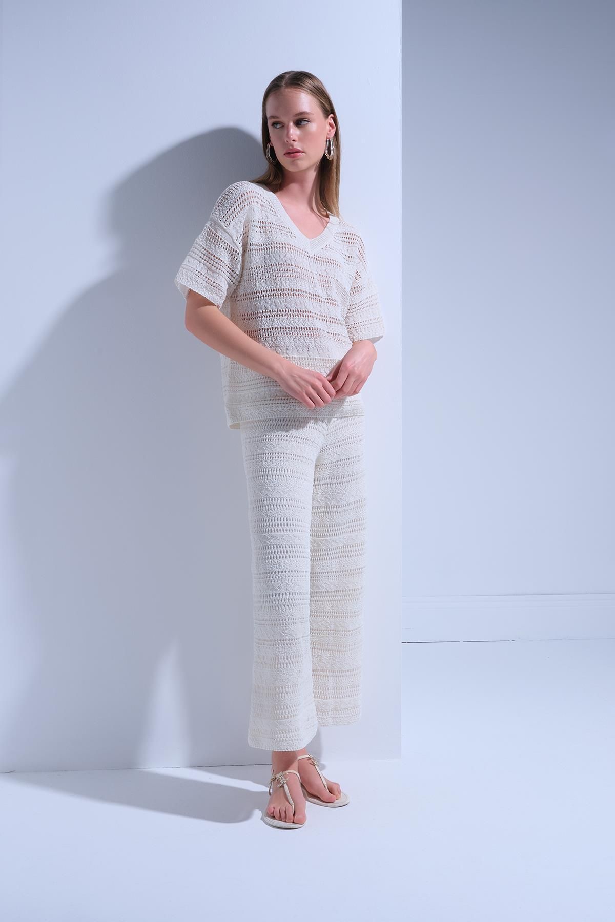 JOIN US-Openwork Lined Ecru Trousers 4