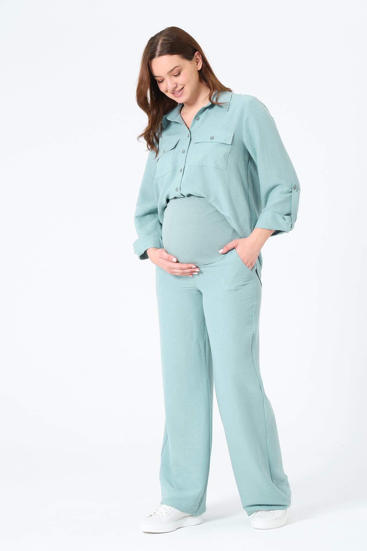 BUSA-Maternity Loose Wide Leg Adjustable Waist Shirt Set Minty Green 6