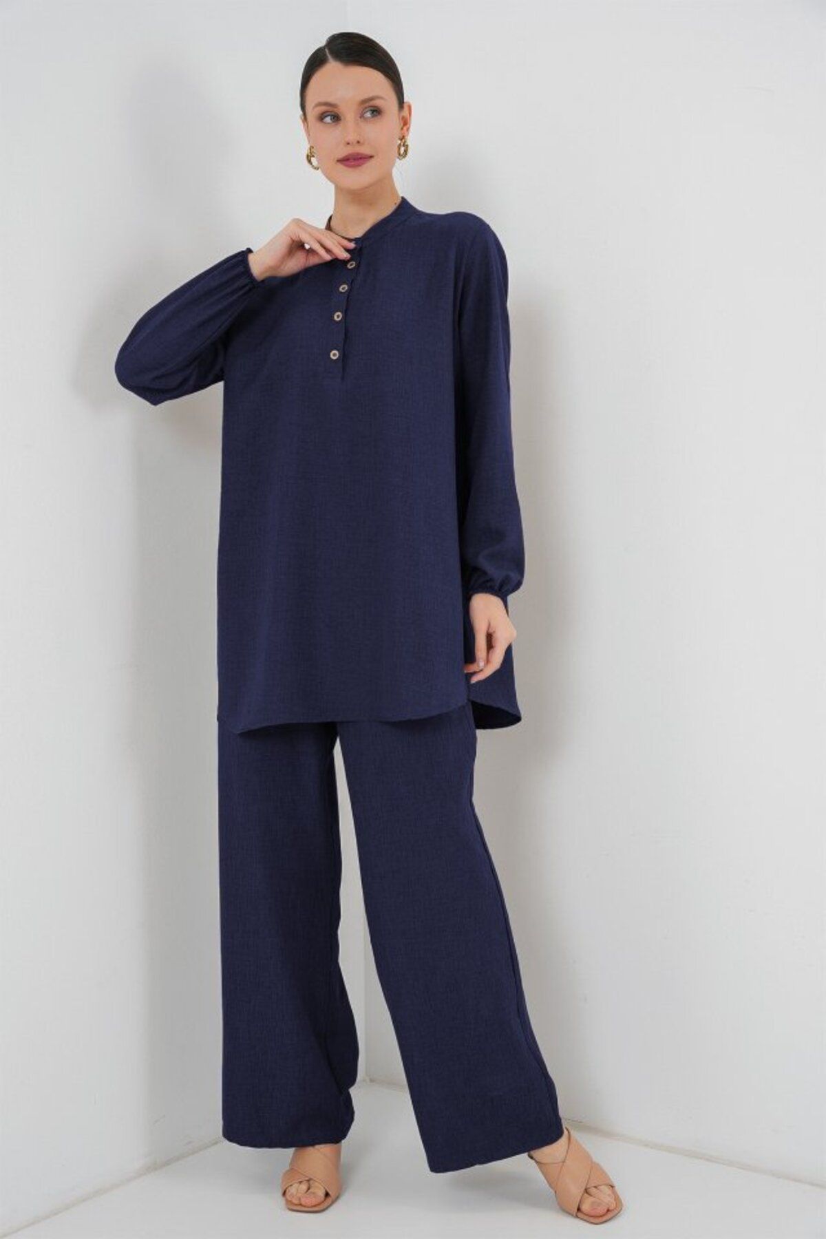 HİGUERA 6678 Keten Tunik Pantolon İkili Takım - Lacivert