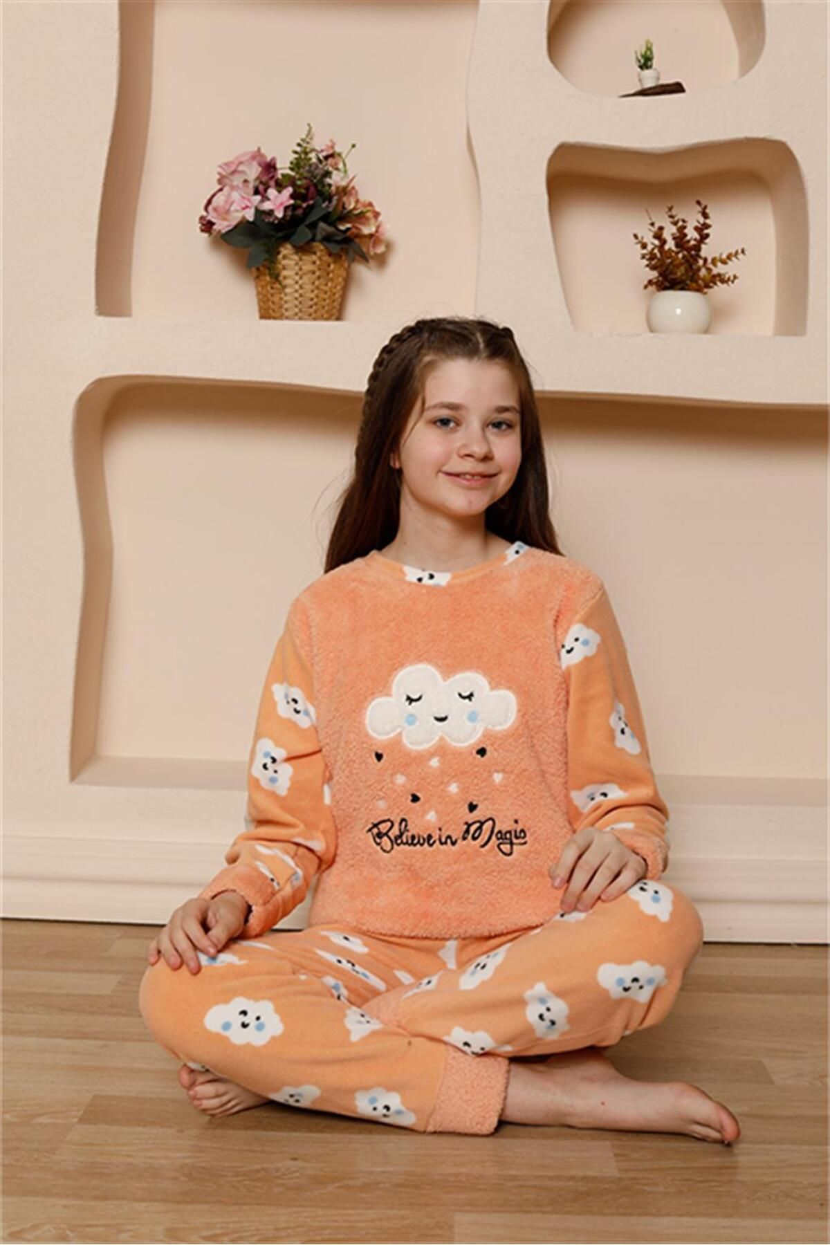 COXO Fashion`S Moda Çizgi Girl Child WelSoft Polar Orange Pajama Set 20527