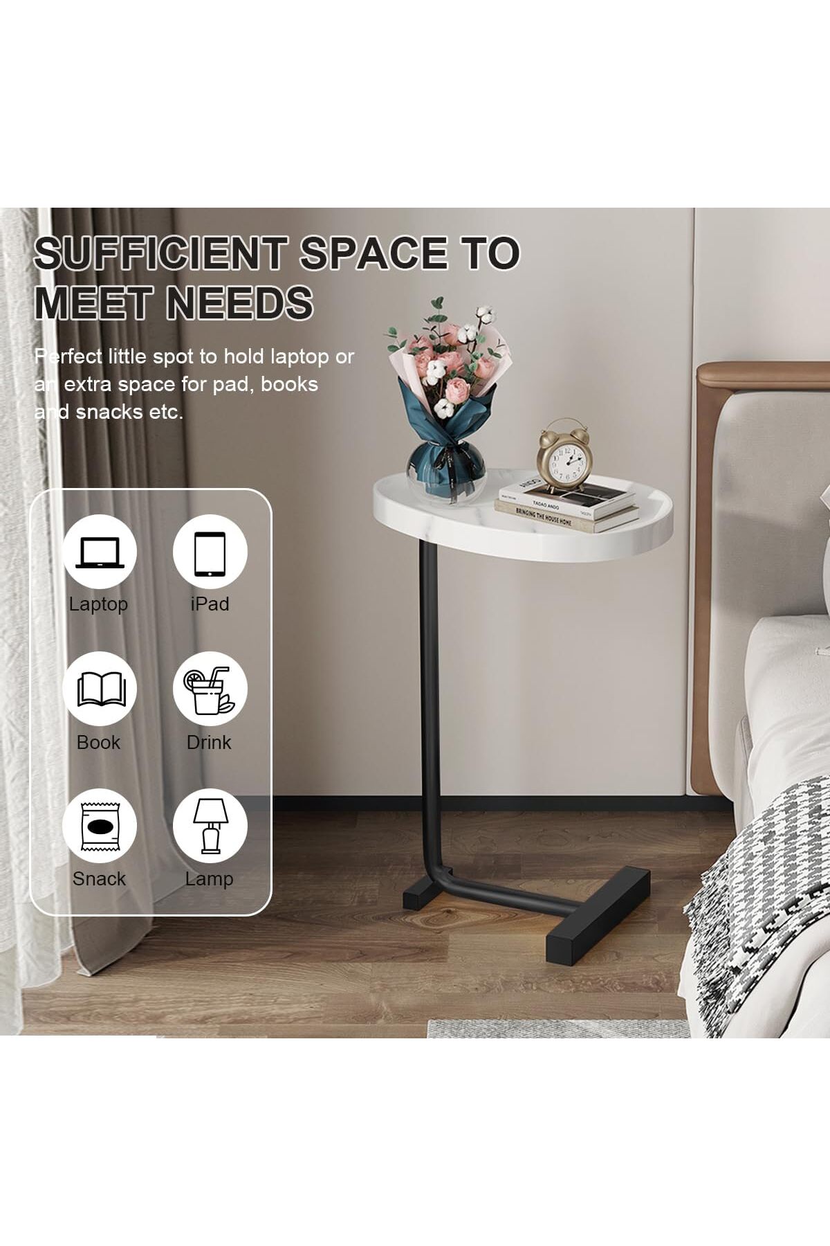 طاولة قهوة عصرية | طاولة جانبية علي شكل حرف سي سطح رخامي ابيض وارجل معدنية باللون الأسود 60x45x30 سم