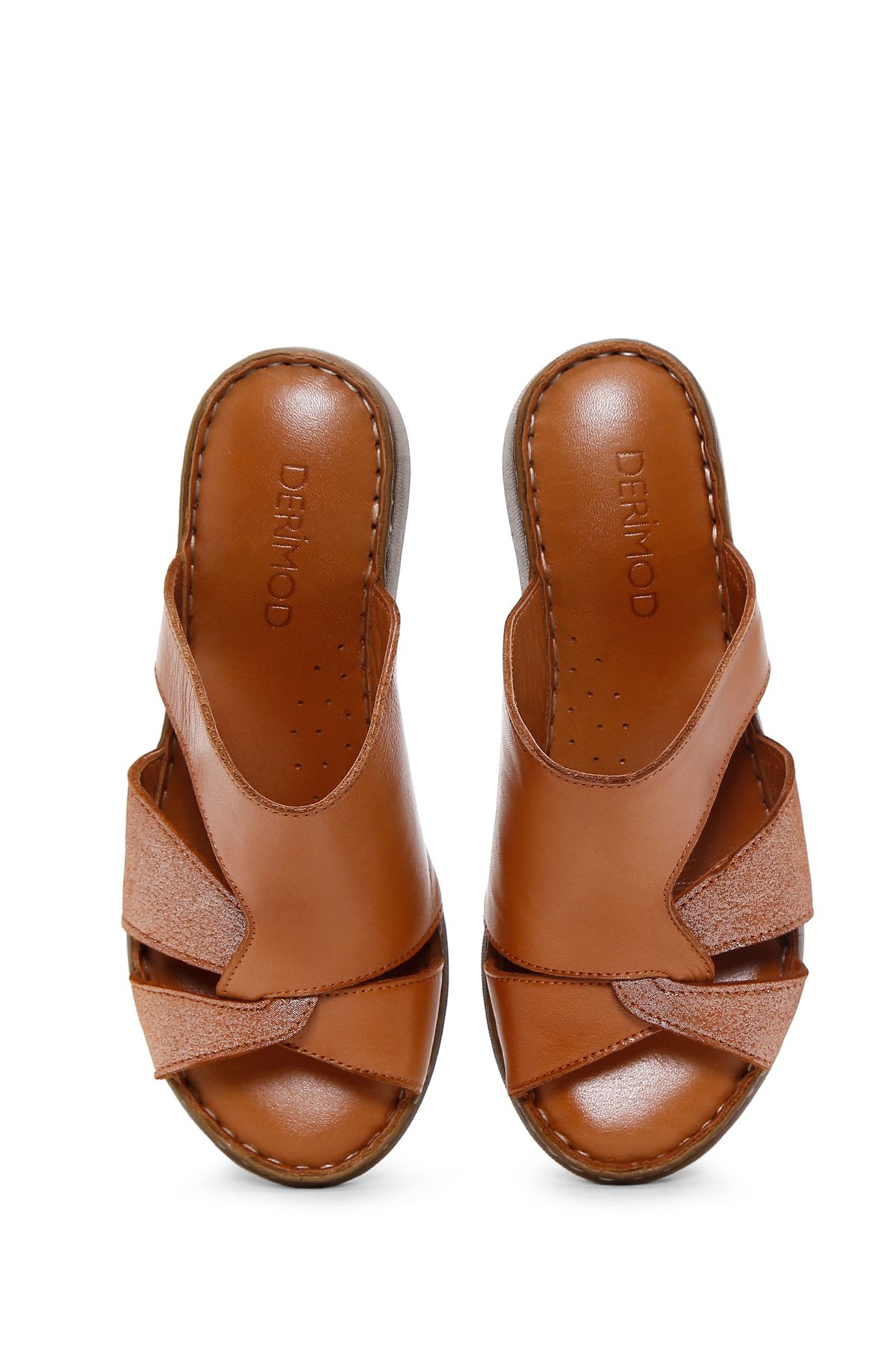 Derimod-Women's Tan Wedge Heeled Leather Comfort Slippers 25Sfd 320218 6