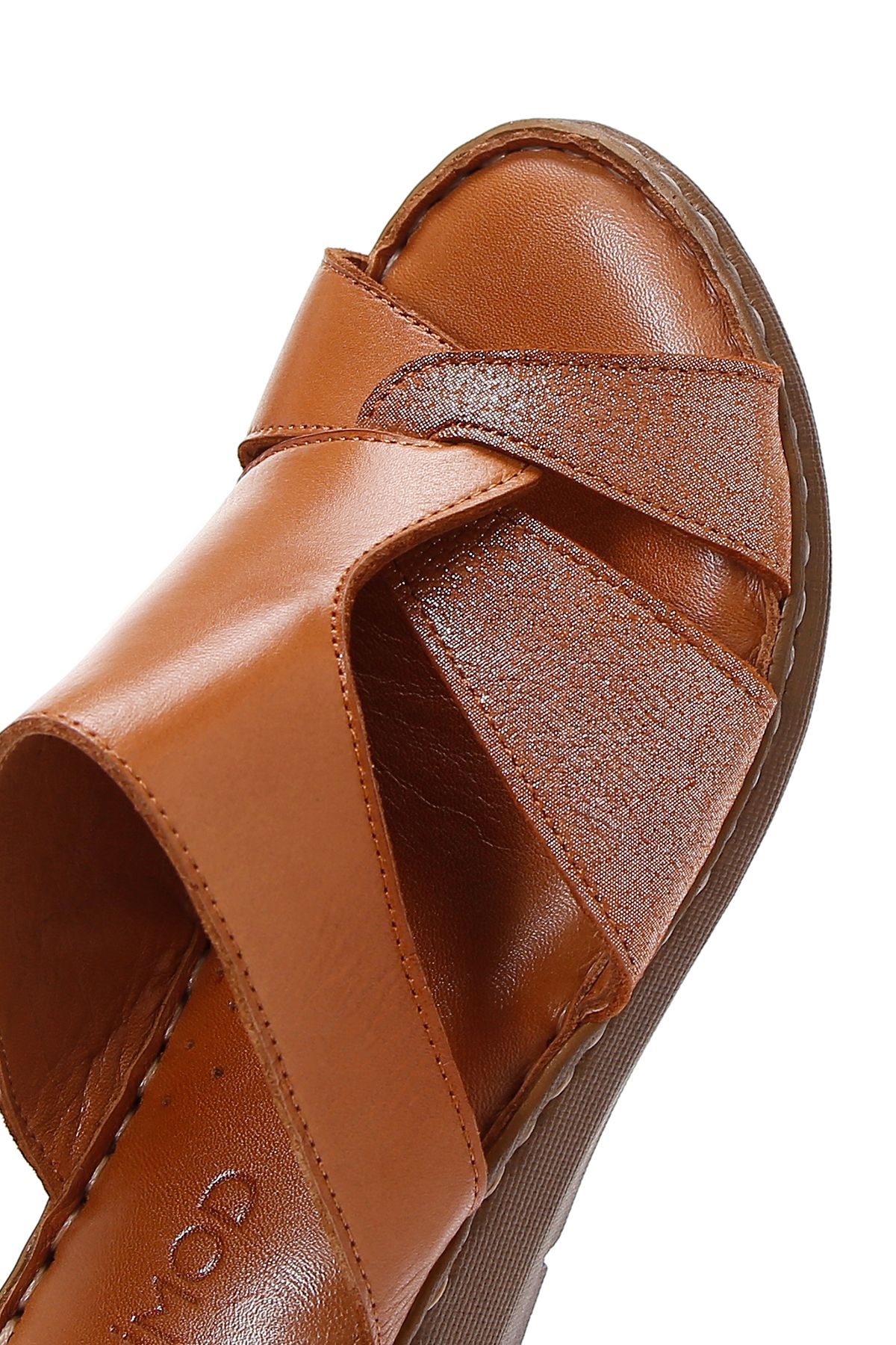 Derimod-Women's Tan Wedge Heeled Leather Comfort Slippers 25Sfd 320218 8