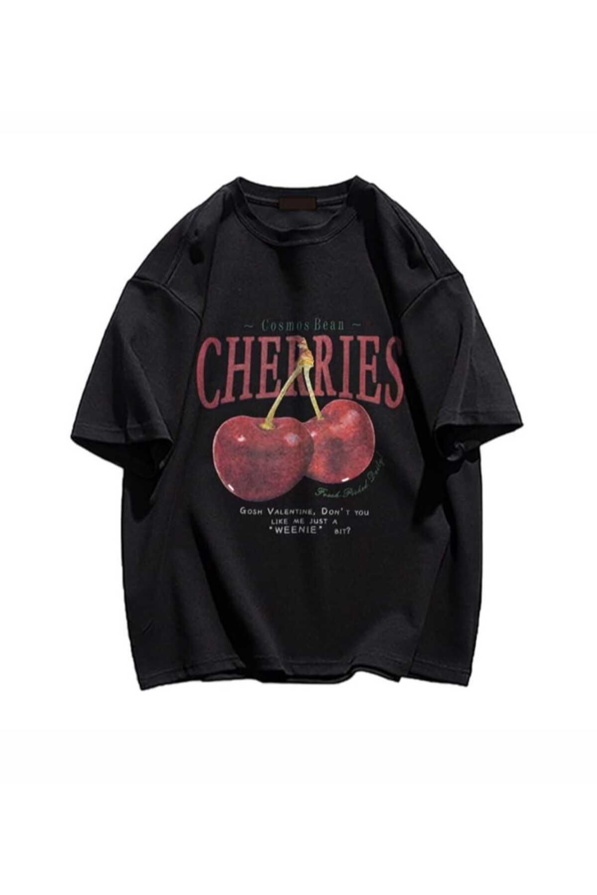 ModaSphere Red Cherries Baskılı Oversize Unisex Tshirt