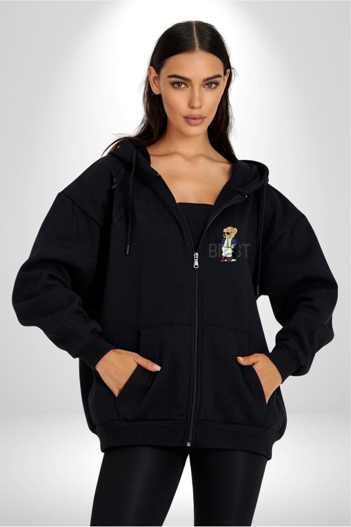 Soufeel Havalı İş Adamı Oyuncak Ayı Kadın Erkek Baskılı Fermuarlı Kapüşonlu Hırka Sweatshirt