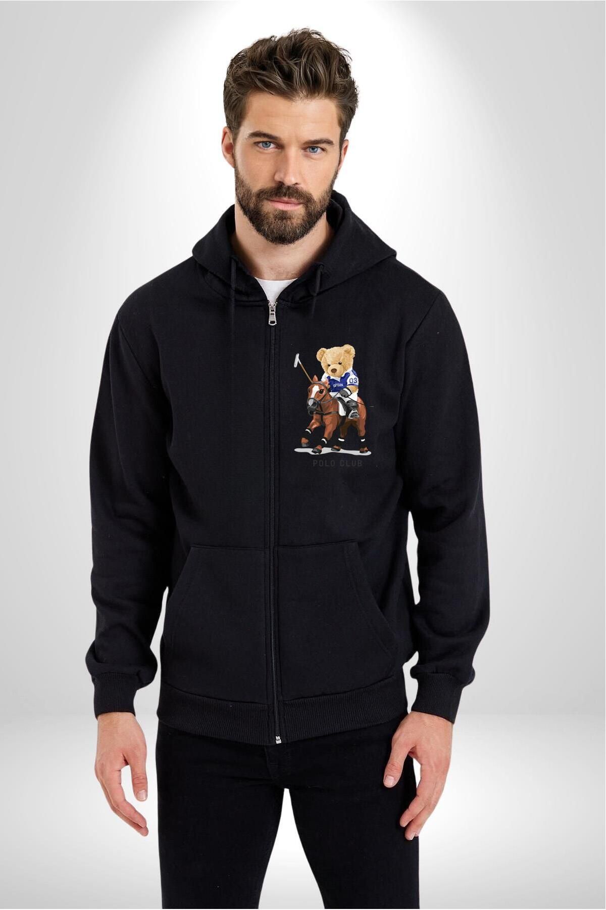 Soufeel Jokey Tatlı Oyuncak Ayı Polo Kadın Erkek Baskılı Fermuarlı Kapüşonlu Hırka Sweatshirt