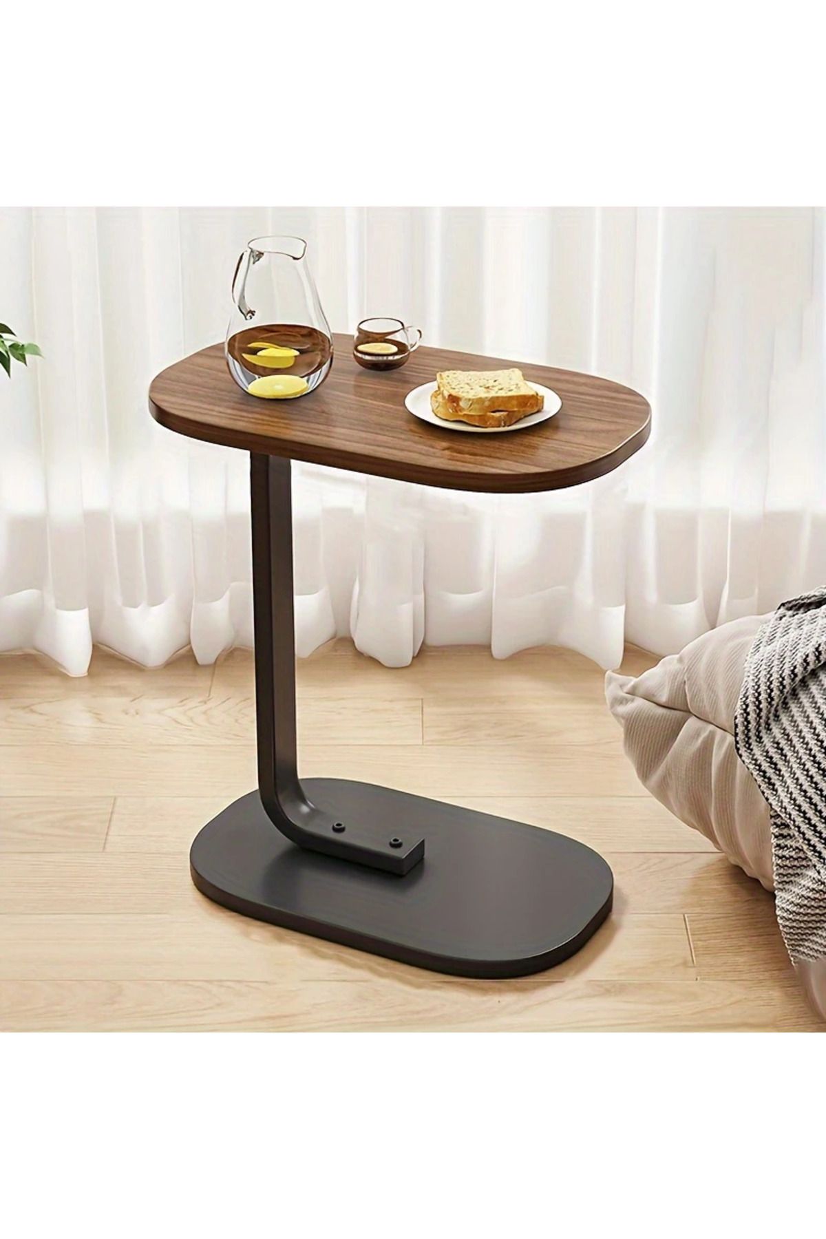 Generic-Modern Coffee Table | C-Shaped Side Table with Brown Wood Top and Black Metal Frame 60x28x40 cm 1